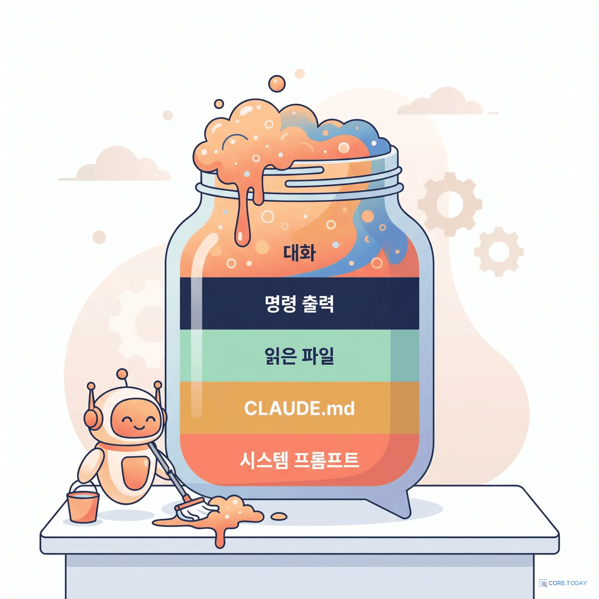 컨텍스트라는 병 — 시스템 프롬프트, CLAUDE.md, 읽은 파일, 명령 출력, 대화가 차곡차곡 쌓이다 넘친다