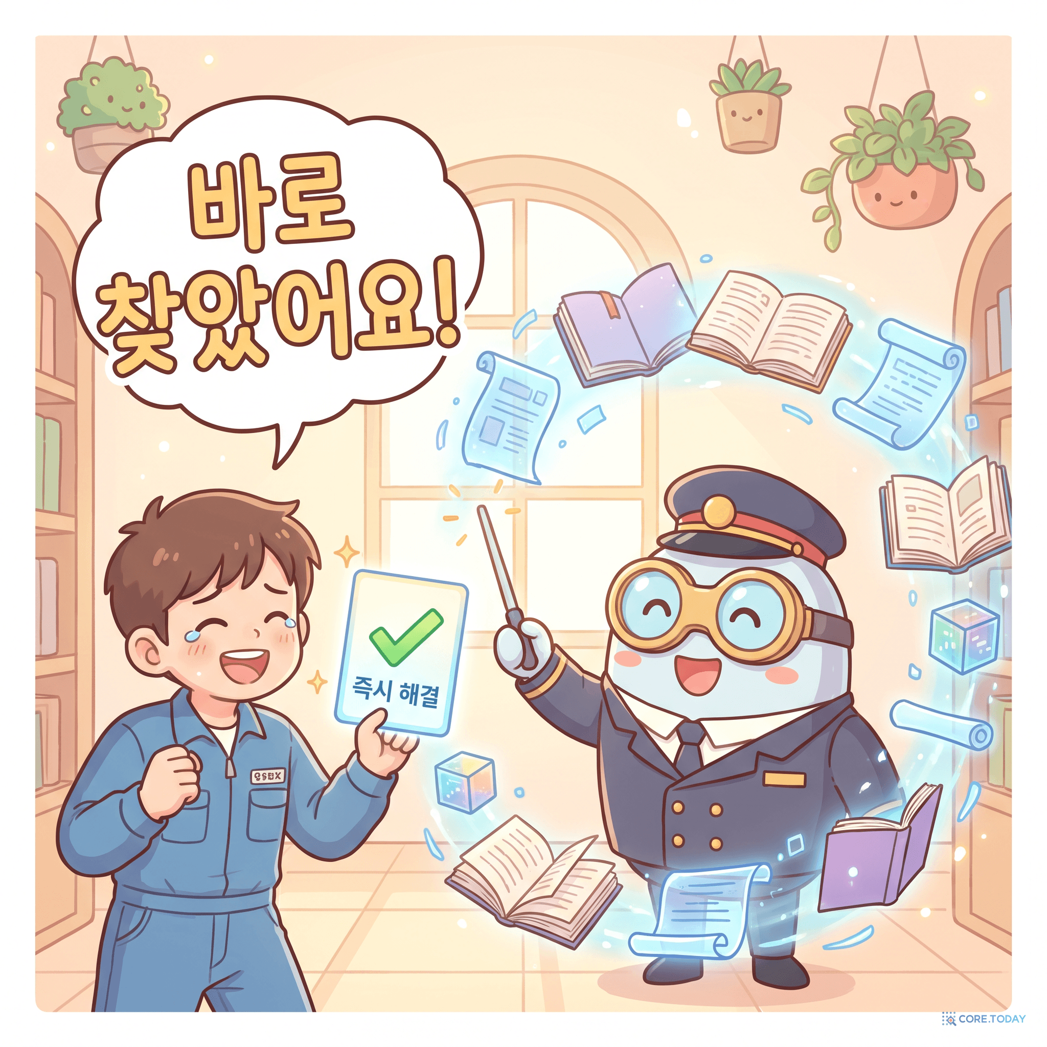 지식 도구들을 지휘하는 친절한 AI 사서 로봇, 그리고 즉시 답을 받고 환하게 웃는 엔지니어