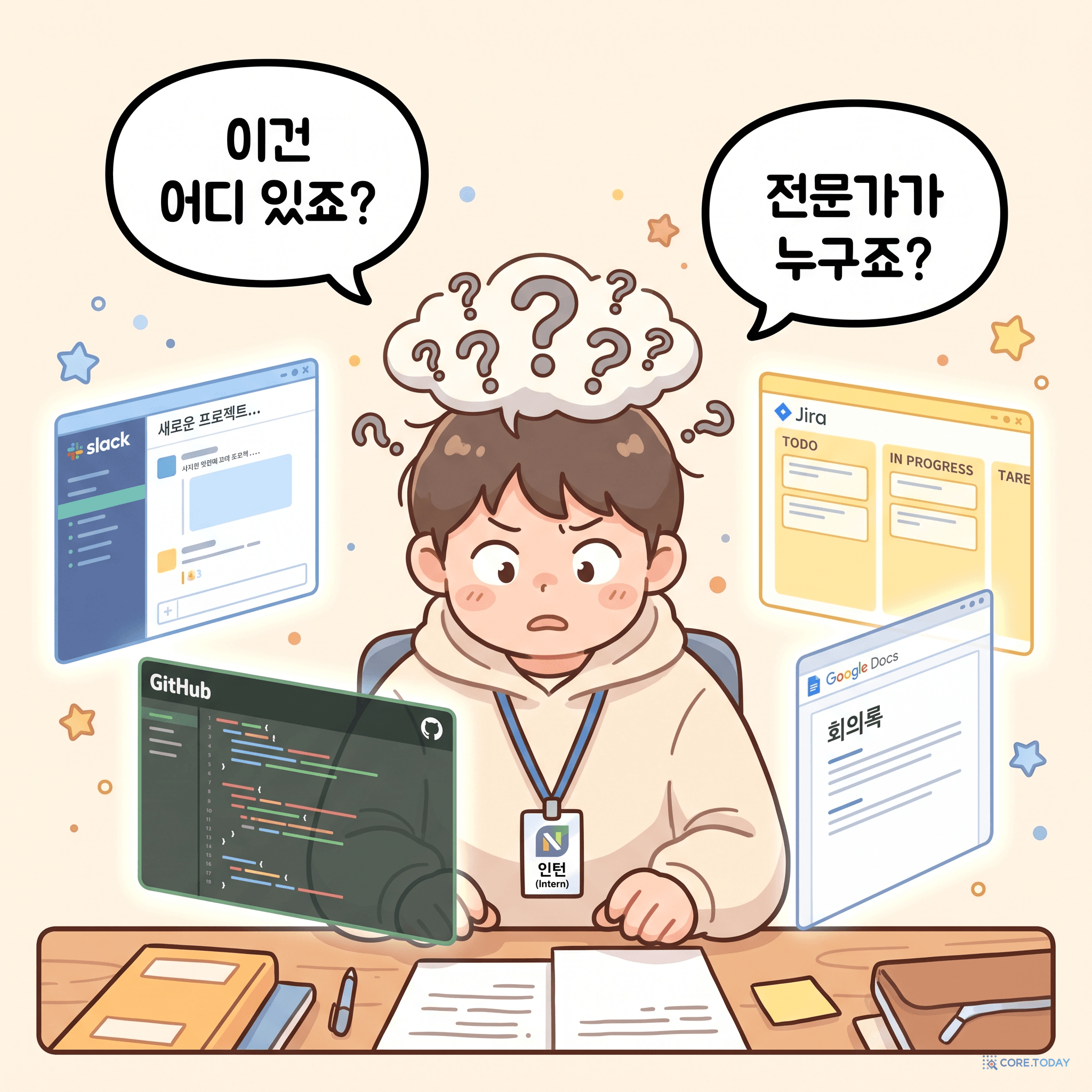 흩어진 정보 사이에서 길을 잃은 신입 엔지니어 — Slack, GitHub, Jira, 문서 창이 어지럽게 떠 있다