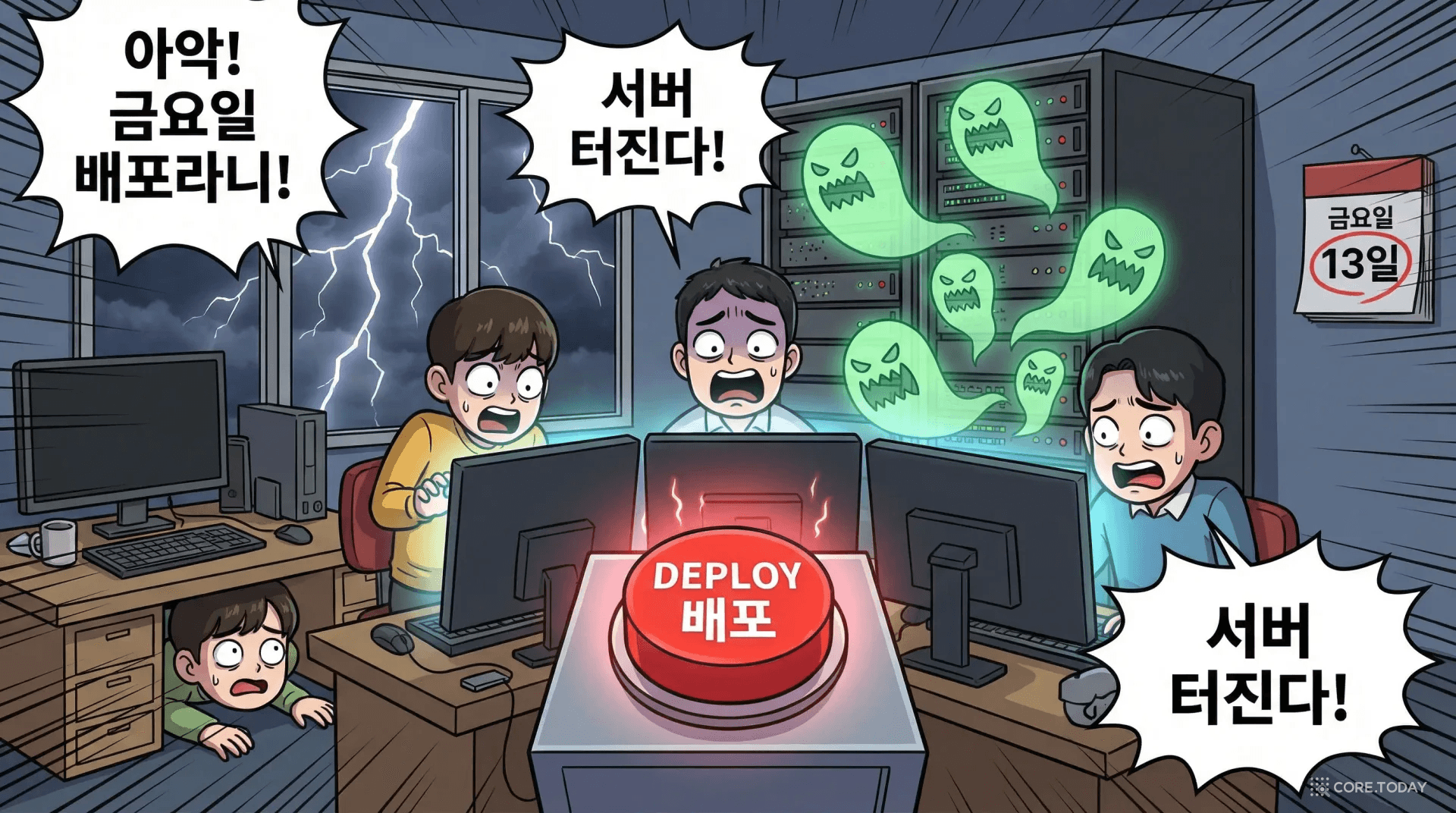 금요일 오후 배포의 공포를 코믹 호러 장면으로 표현한 일러스트