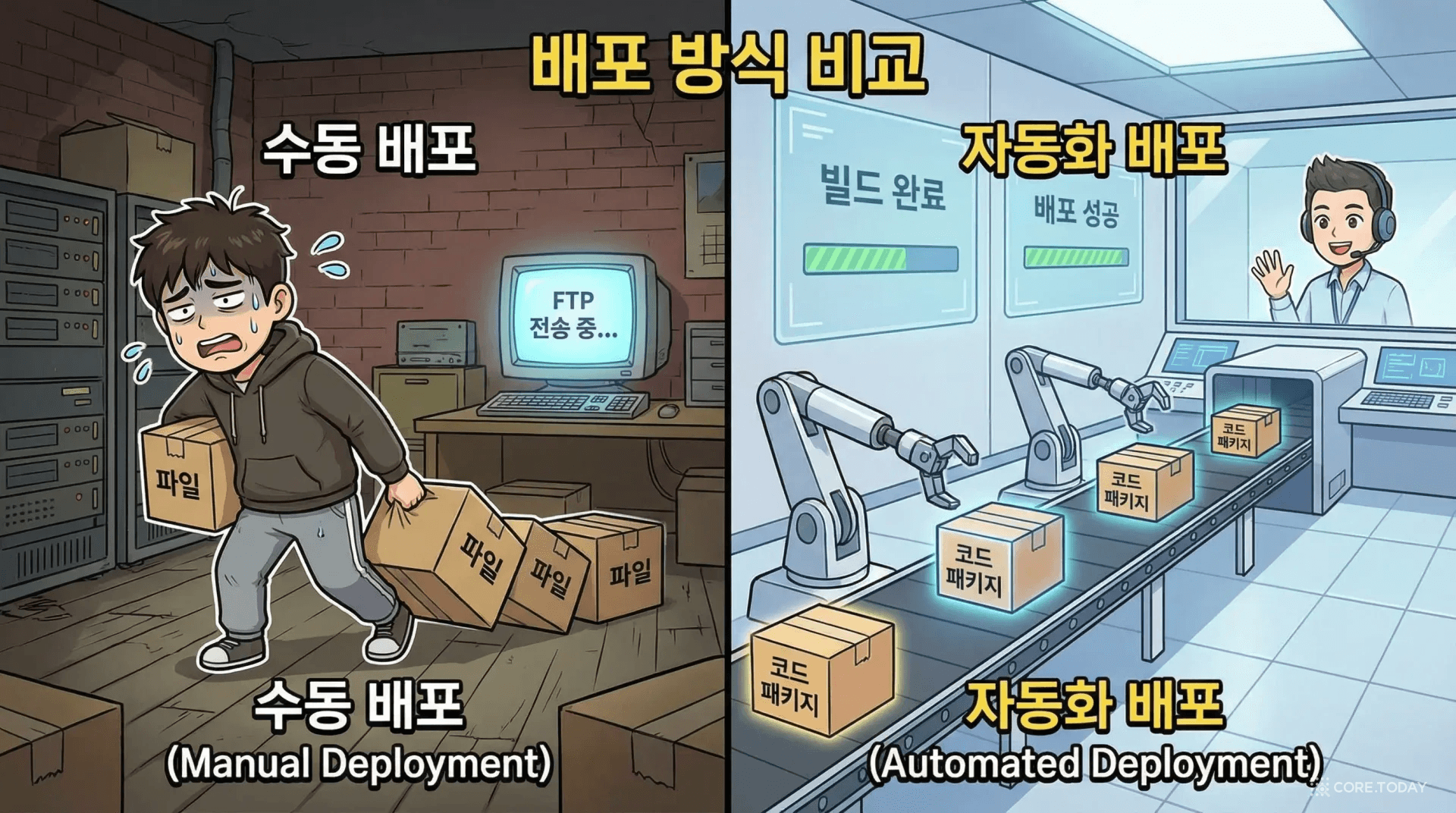 FTP 수동 배포 vs 자동화된 CI/CD 파이프라인 비교 일러스트