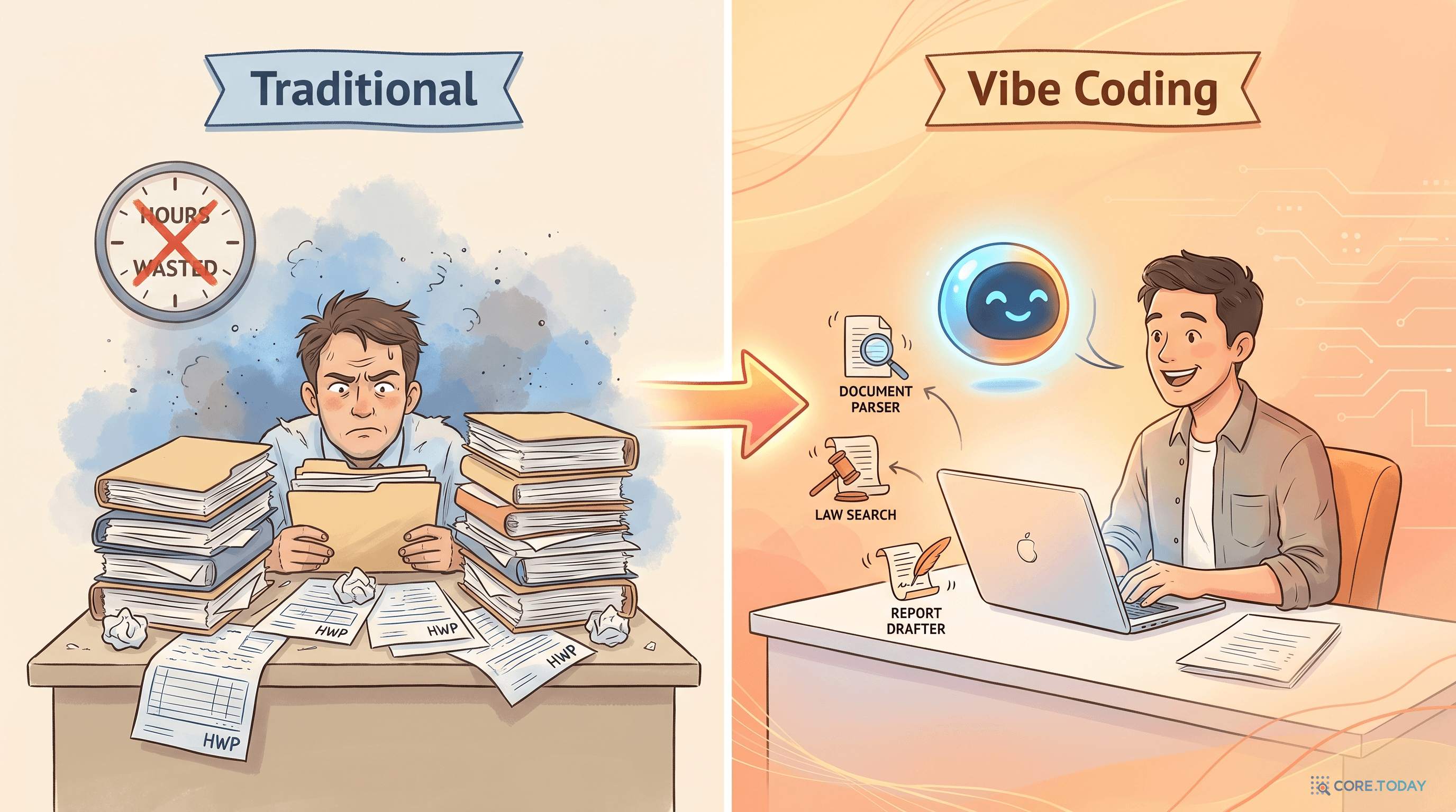 왼쪽은 HWP 서류에 파묻힌 공무원, 오른쪽은 AI와 대화하며 자동화 도구가 주변을 도는 공무원의 비교 일러스트