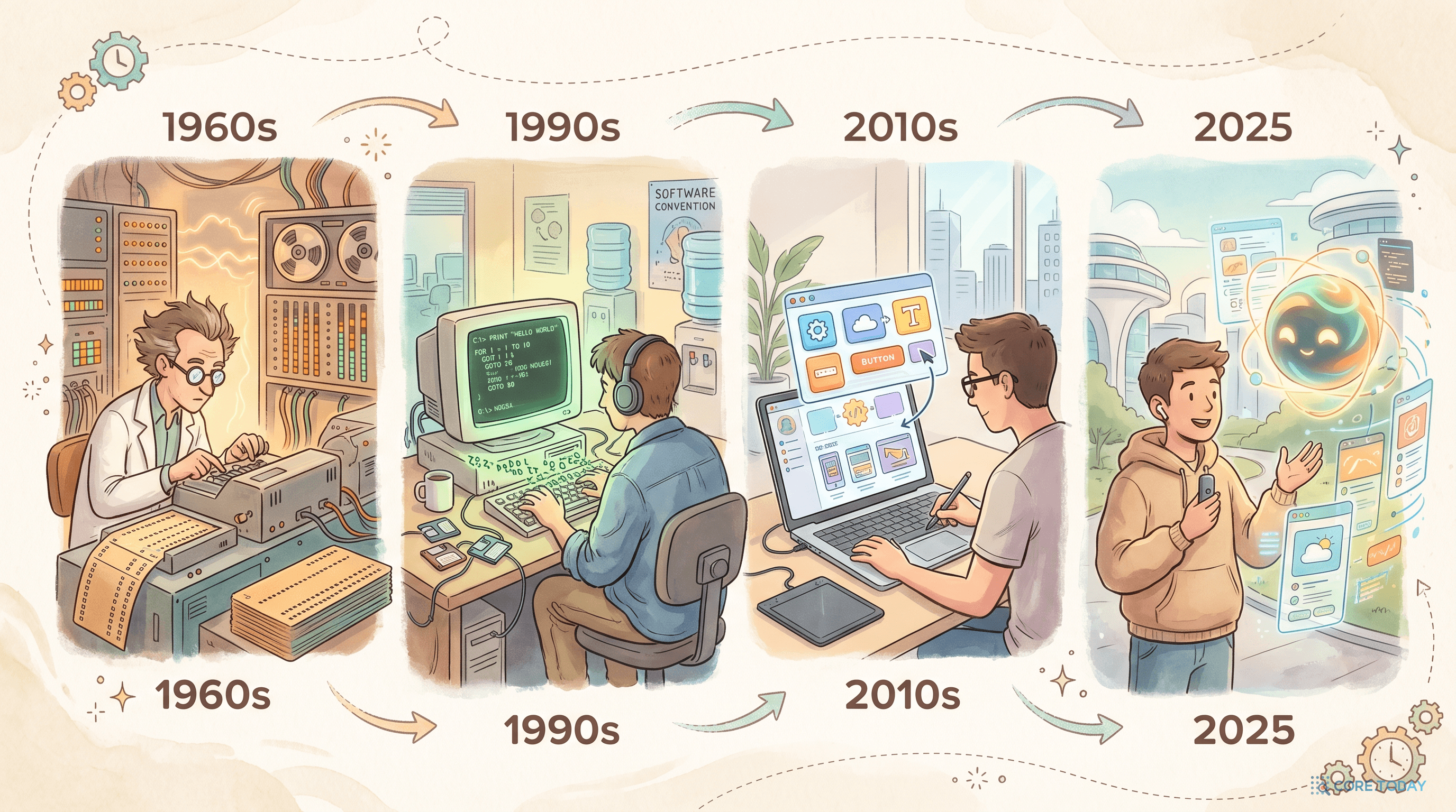 천공카드 → CRT 터미널 → 노코드 드래그앤드롭 → 음성으로 코드를 만드는 바이브 코딩 네 시대 진화 타임라인