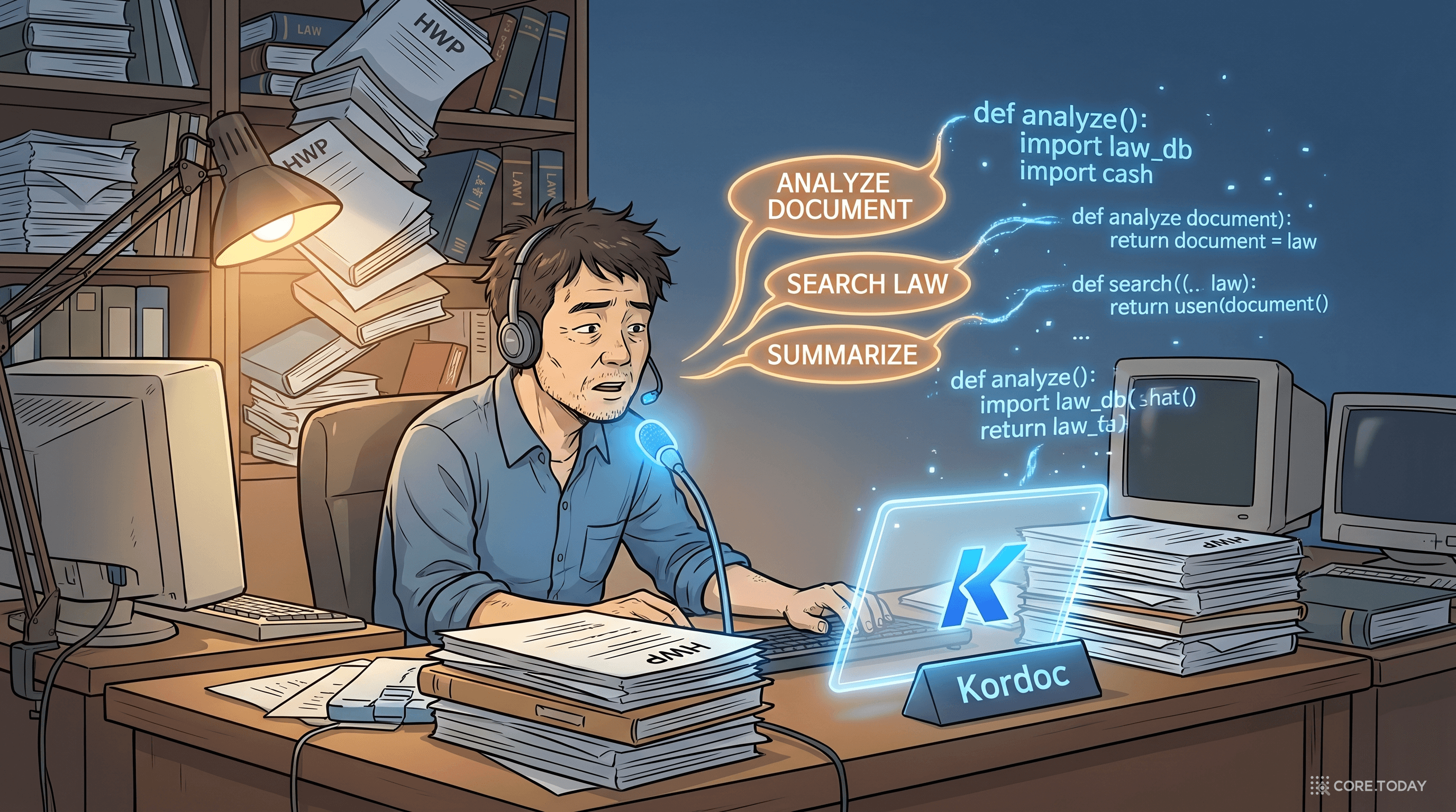 광진구청 주무관이 마이크에 말하자 영어 문장이 코드로 변하며 Kordoc 챗봇이 완성되는 장면