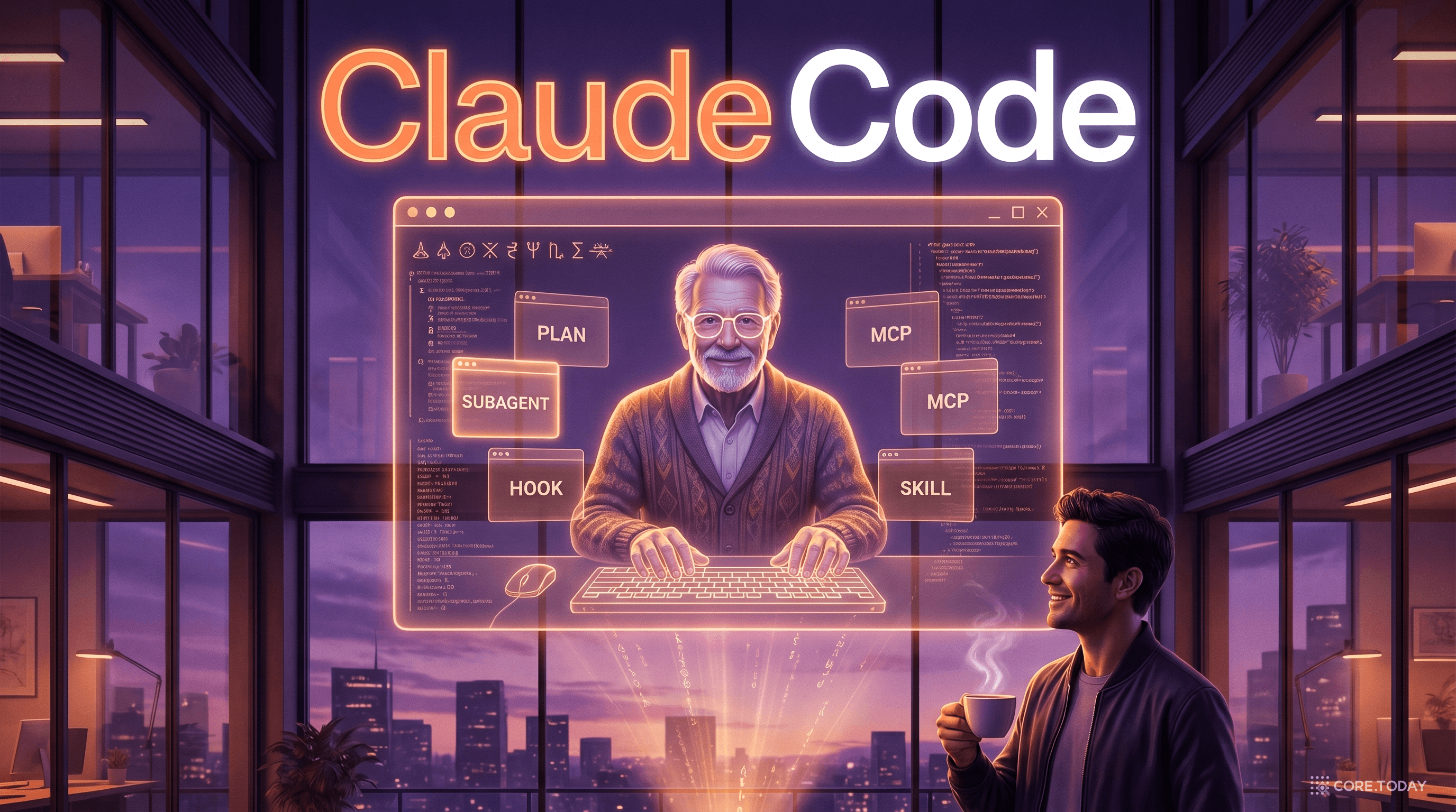 Claude Code 표지 — 마법의 터미널 안에서 시니어 엔지니어 홀로그램이 PLAN/SUBAGENT/HOOK/MCP/SKILL 카드와 함께 일한다