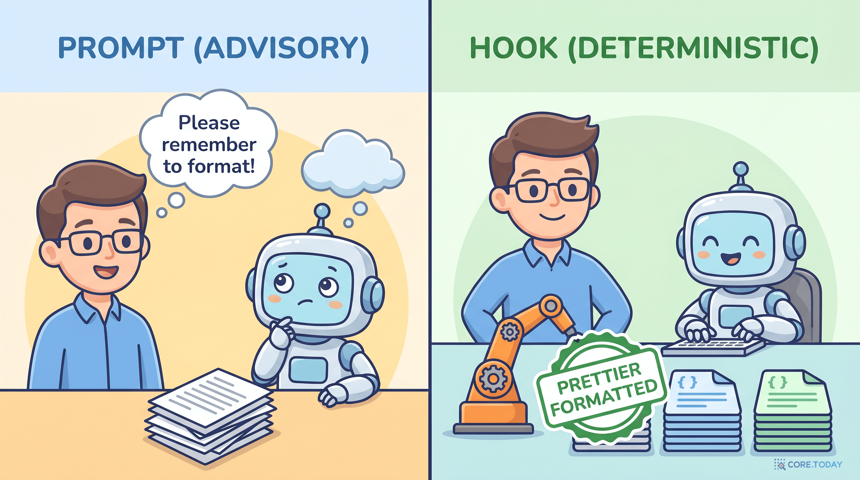 Hooks 비유 — 잘 잊는 AI에게 부탁하는 대신, 매번 자동으로 도장을 찍는 작은 로봇