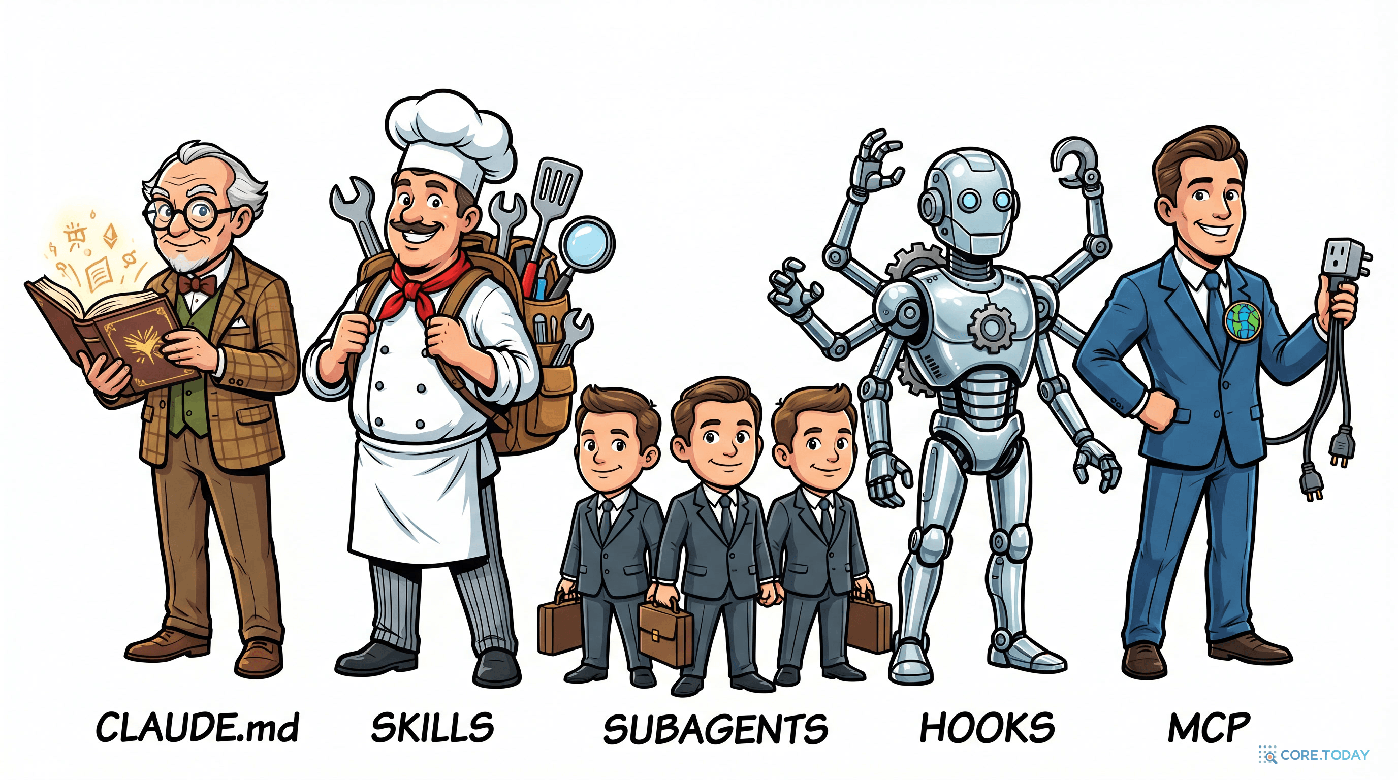 5 기둥 캐릭터 — CLAUDE.md 학자, Skills 셰프, Subagents 쌍둥이, Hooks 정밀로봇, MCP 외교관