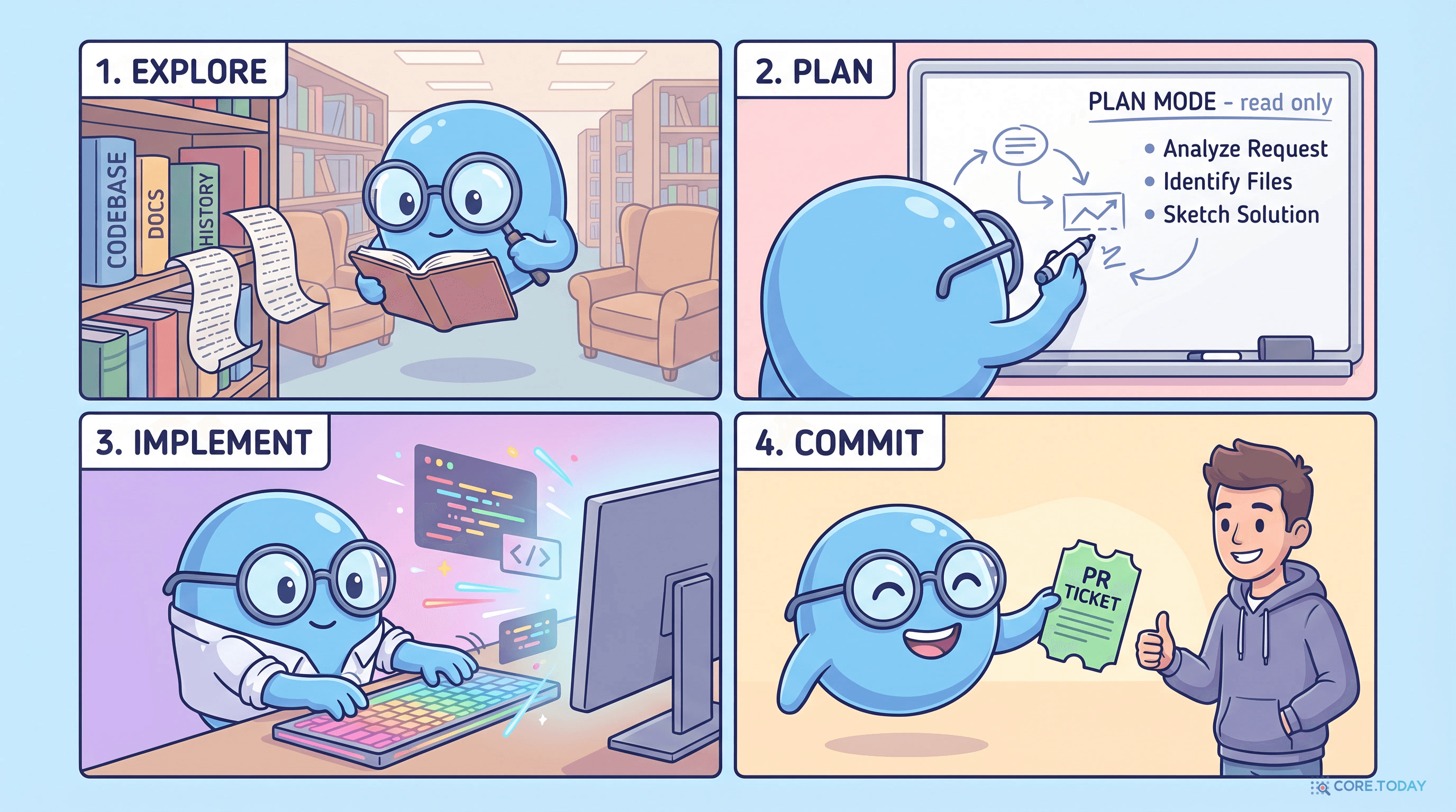 Plan-then-Code 4컷 만화 — Explore → Plan → Implement → Commit