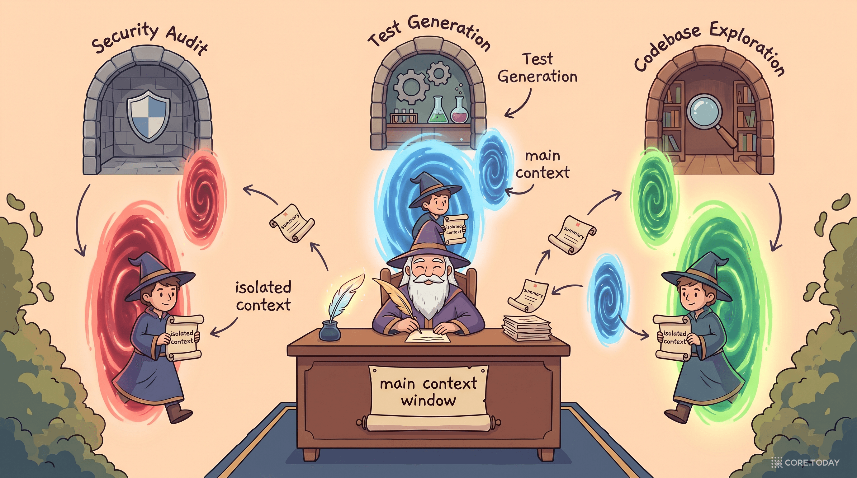 서브에이전트 비유 — 메인 위저드가 격리된 방에 견습 위저드들을 보내고 요약 두루마리만 받는다