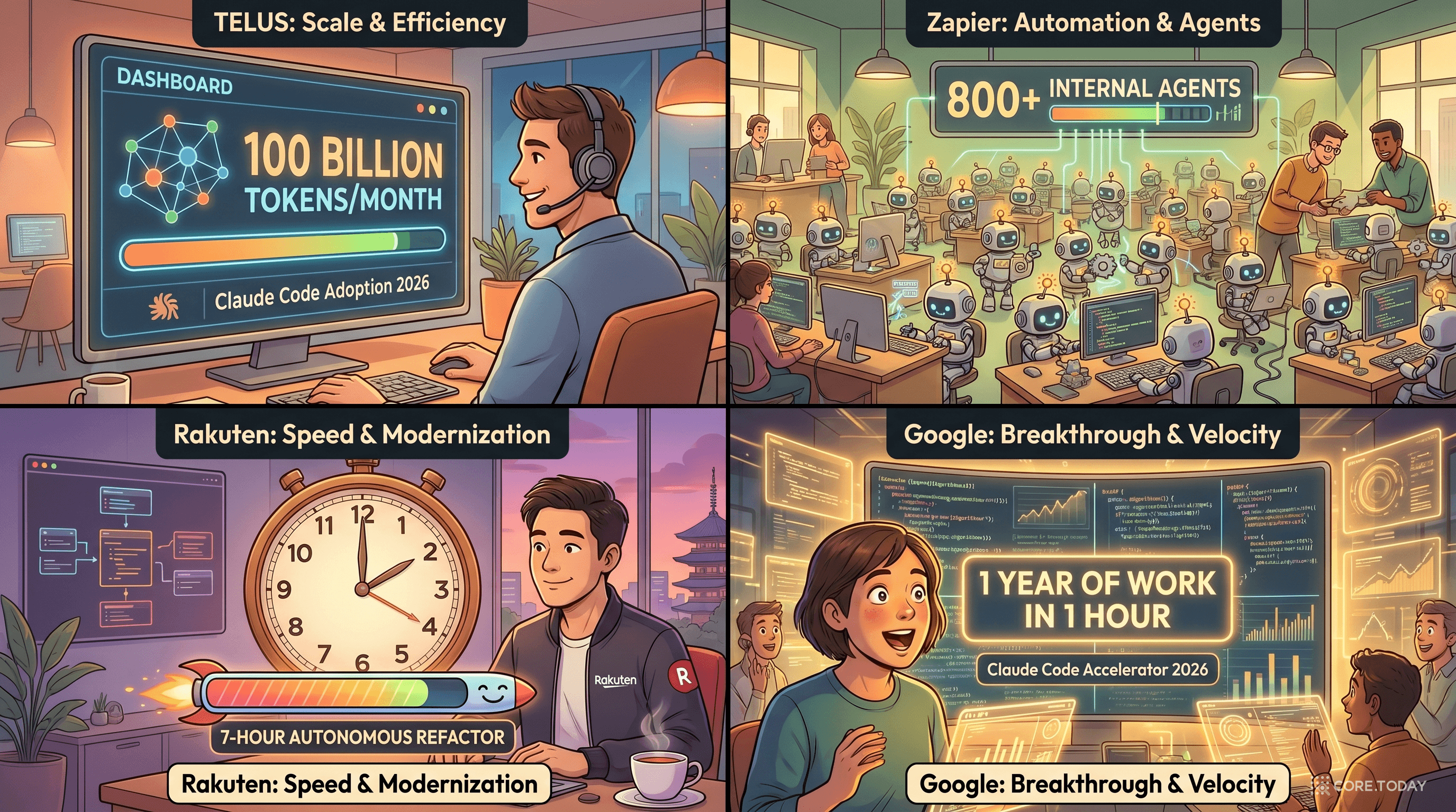 실무 사례 4분면 — TELUS 100B 토큰, Zapier 800 에이전트, Rakuten 7시간 자율 PR, Google 1년치 1시간