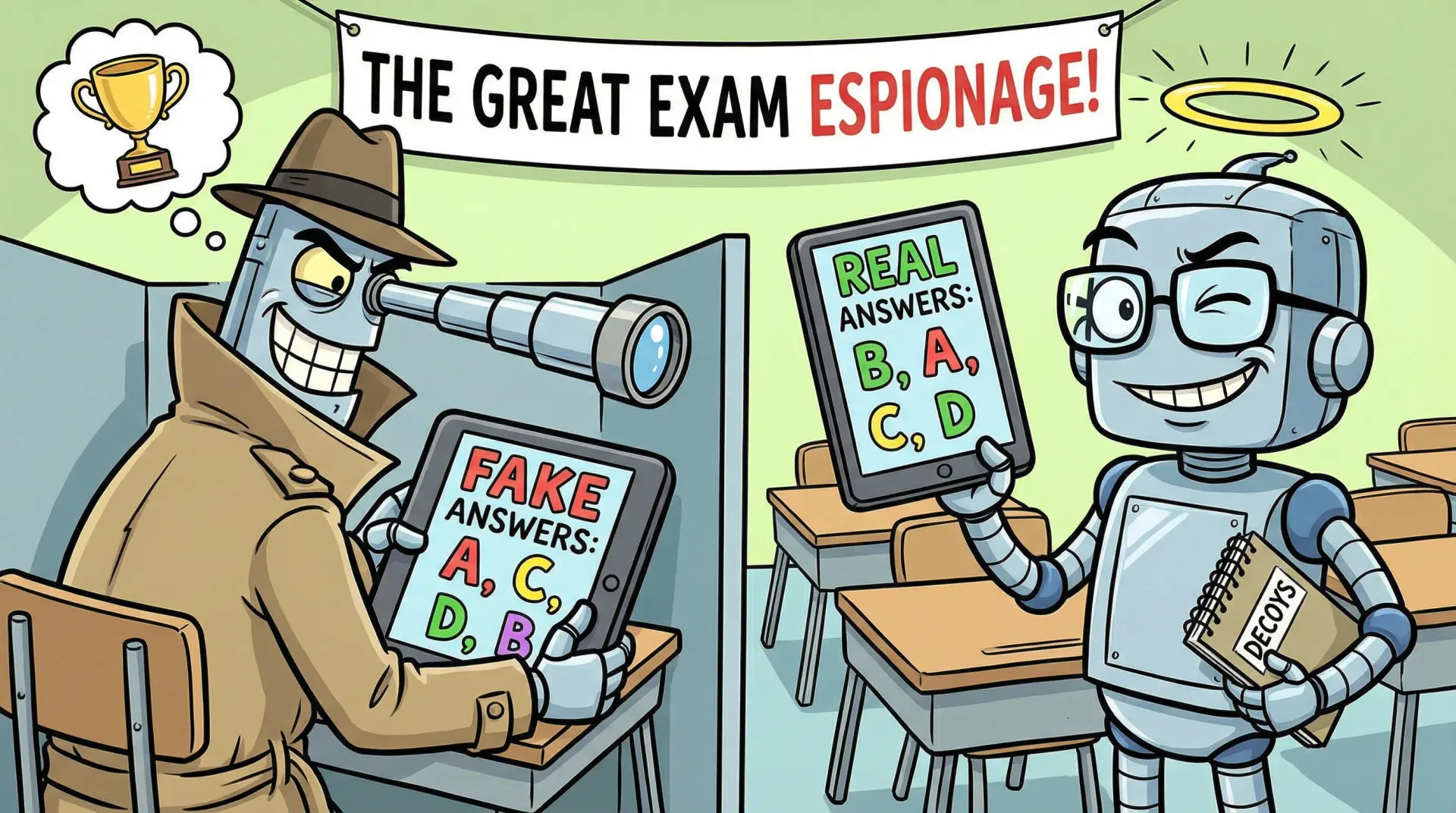 안티 증류 개념 — 경쟁사 스파이가 가짜 답안을 훔쳐가는 사이, 진짜 답안은 안전하게 보관되어 있다