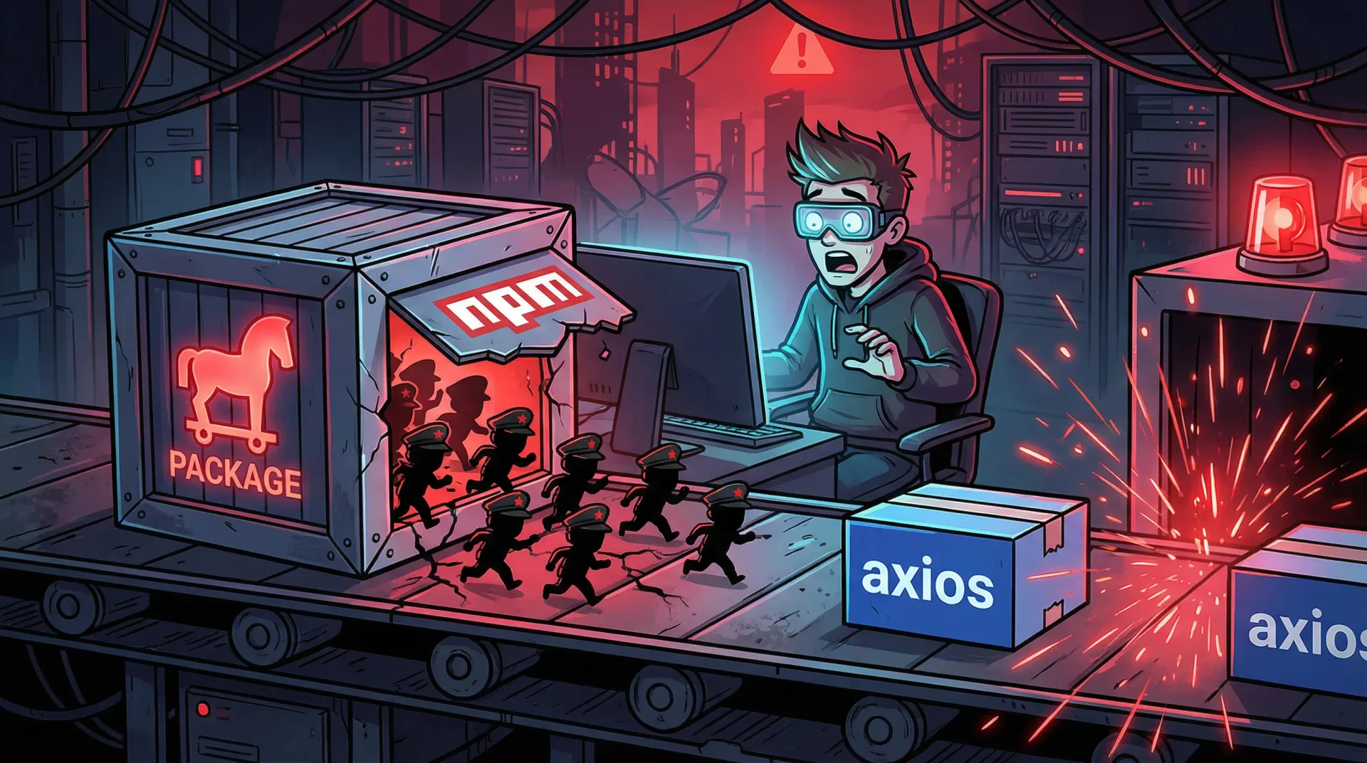 axios 공급망 공격 — npm 패키지 상자에서 트로이 목마처럼 악성 코드가 쏟아져 나오고, 개발자가 충격에 빠진다