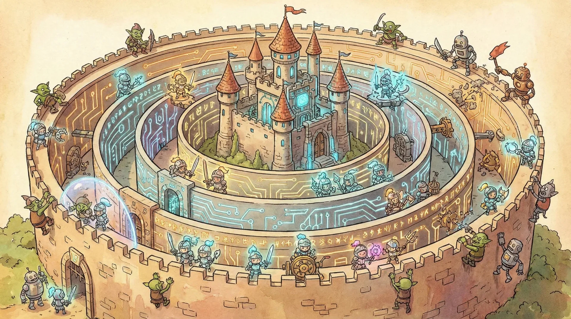 6중 방어 성벽 — 각 성벽이 하나의 보안 계층을 나타내며, 기사들이 침입자를 막고 있다