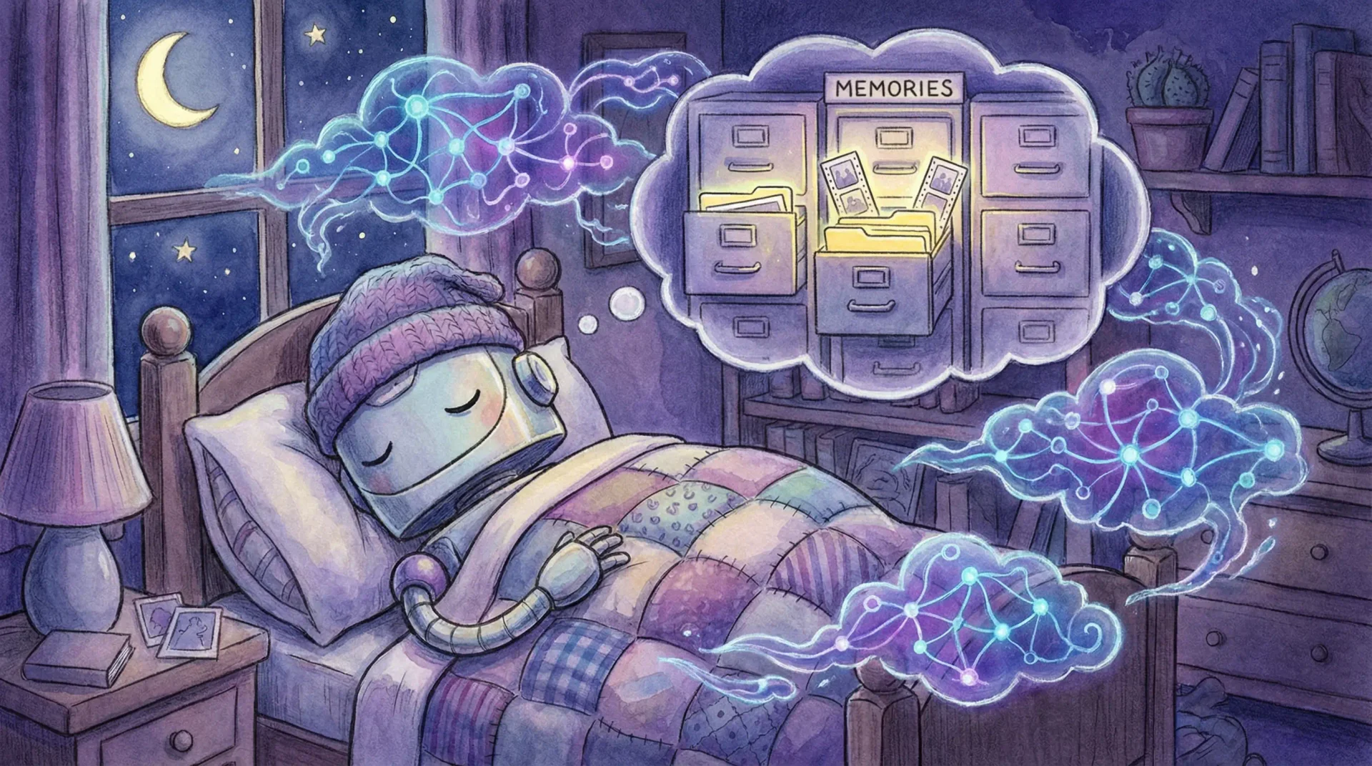 KAIROS의 autoDream — 로봇이 잠든 사이 기억이 서류 캐비닛처럼 정리되고, 신경망 패턴이 꿈처럼 떠다닌다
