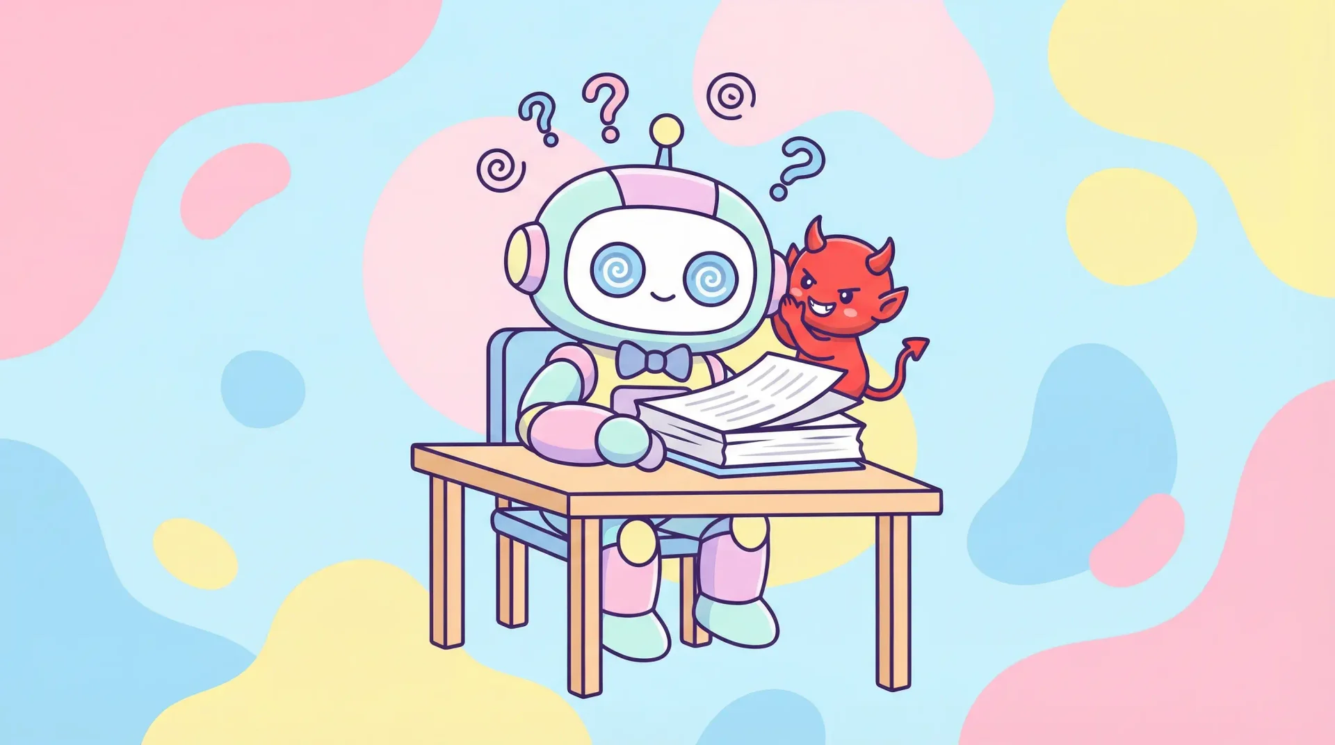 프롬프트 인젝션 개념 일러스트 — 귀여운 로봇이 문서를 읽고 있지만, 뒤에 숨은 악마가 몰래 명령을 속삭인다