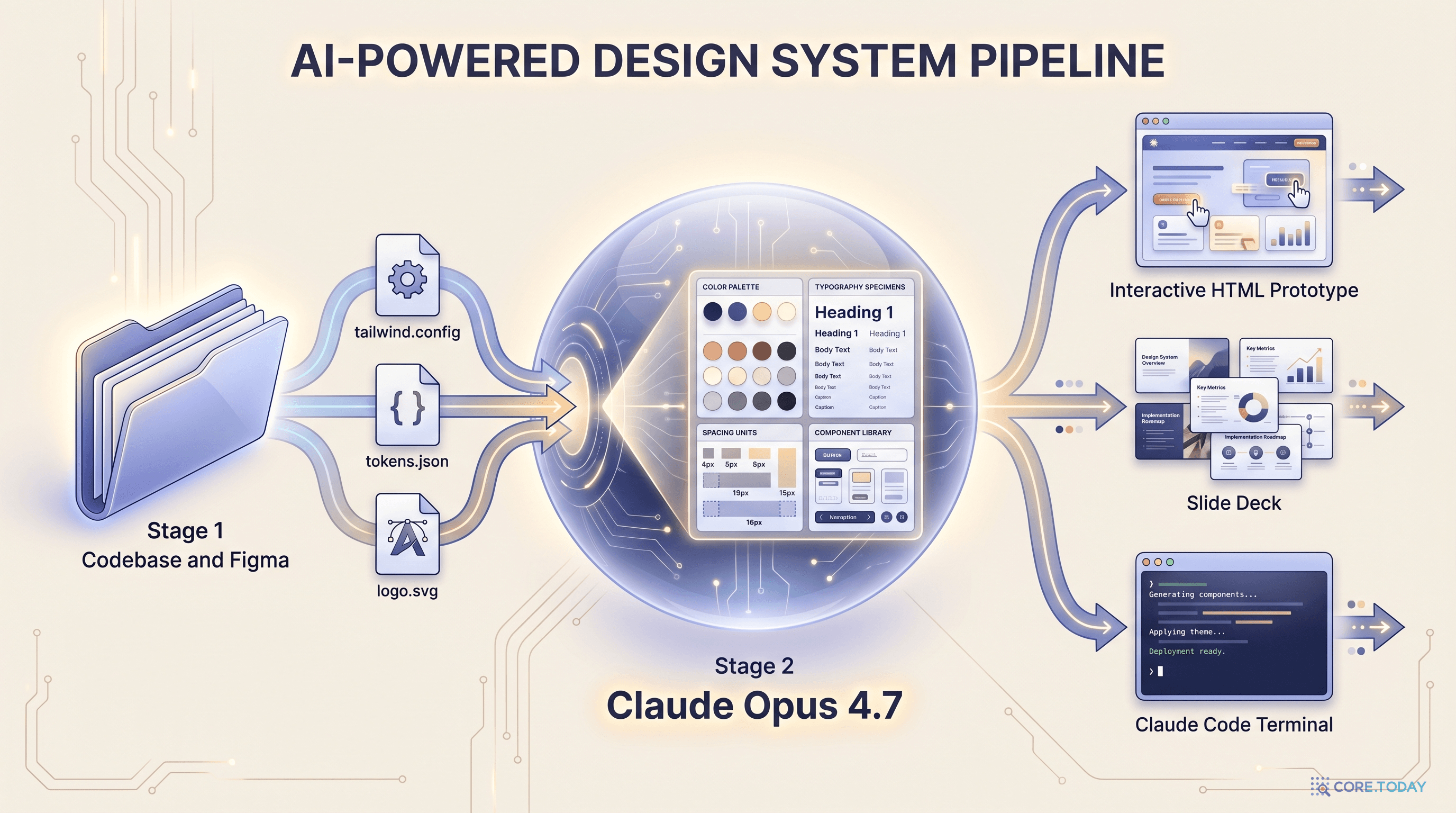 Claude Design 파이프라인 — 코드베이스 → 디자인 시스템 → 인터랙티브 프로토타입 → Claude Code
