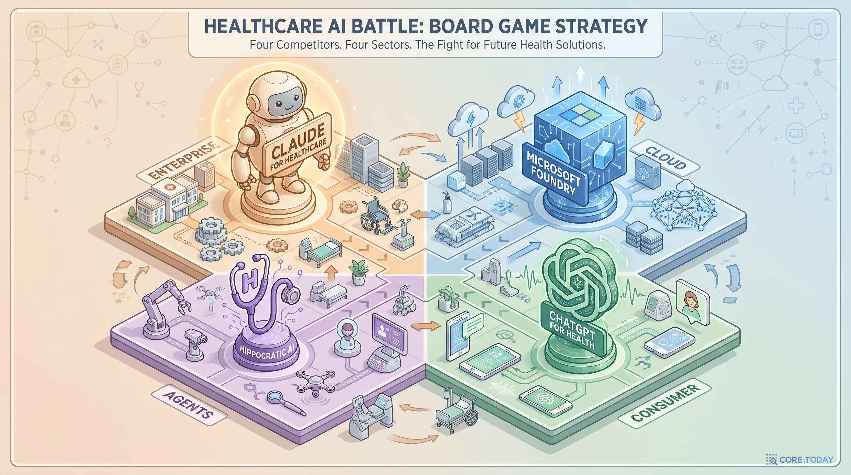 의료 AI 경쟁자 보드게임 일러스트 — Claude for Healthcare(엔터프라이즈), Microsoft Foundry(클라우드), ChatGPT for Health(컨슈머), Hippocratic AI(에이전트) 4개 미니어처가 사분면에서 경쟁하는 장면