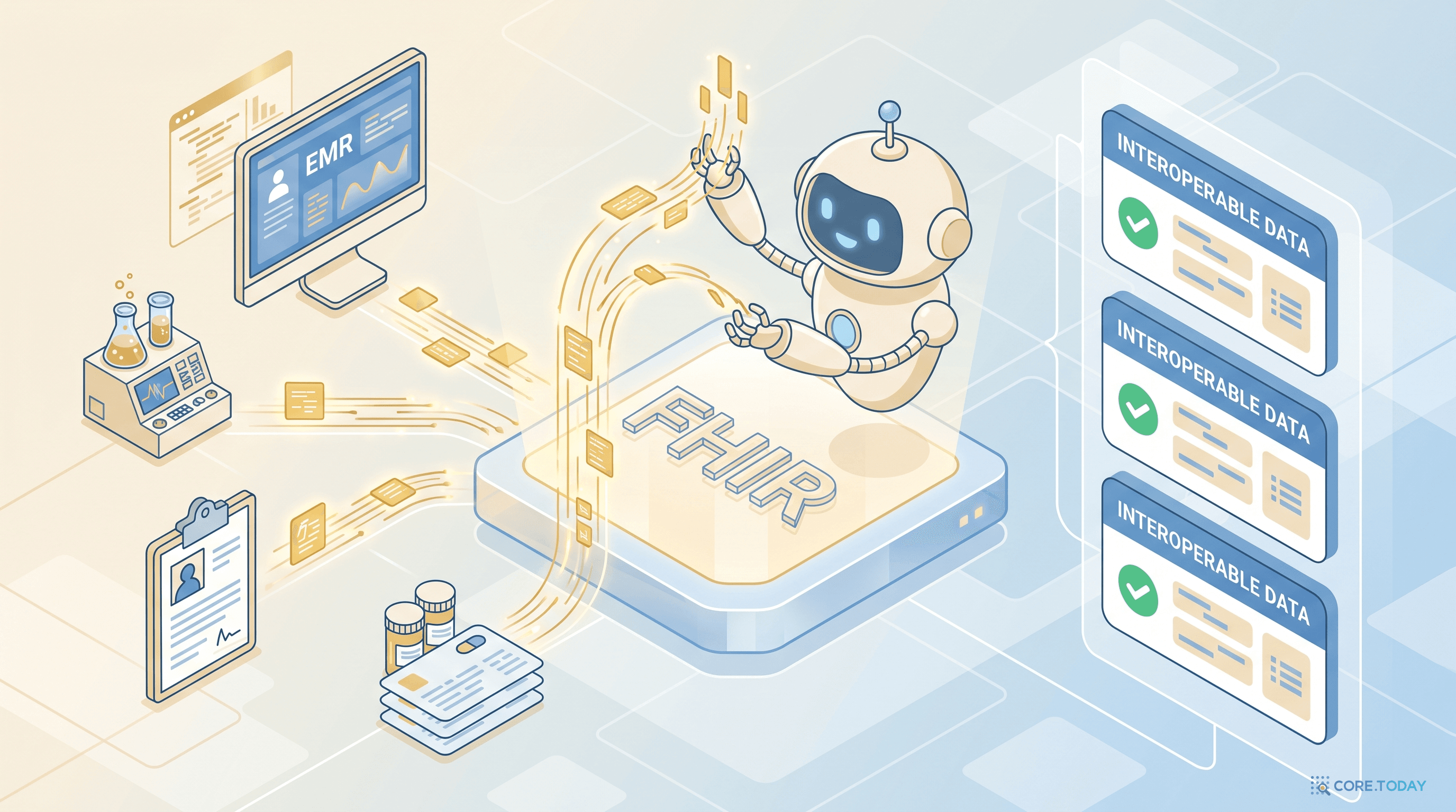 FHIR Agent Skill 일러스트 — 중앙의 FHIR 플랫폼에 EMR·검사 장비·환자 차트 데이터가 흘러 들어가고 AI 로봇이 정제된 데이터 카드를 내보내는 장면