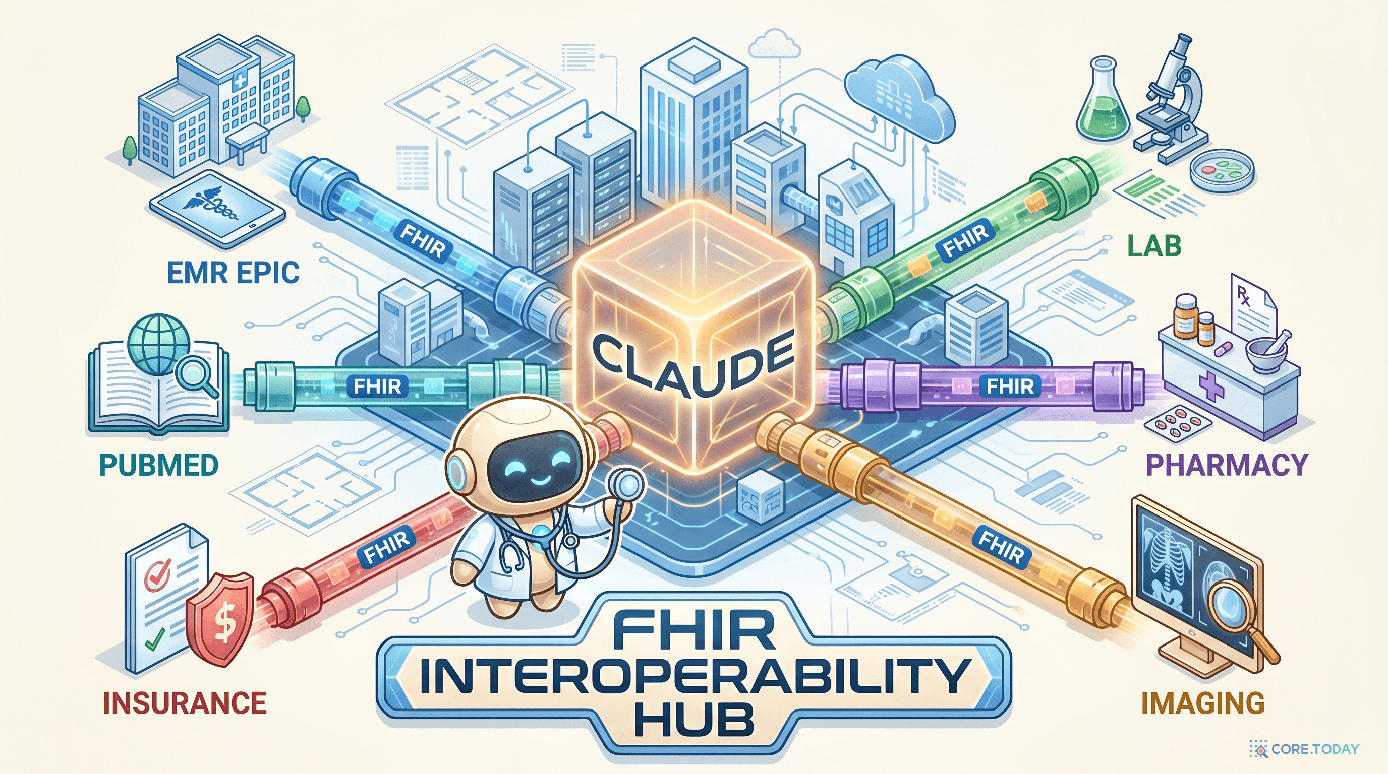 FHIR MCP 아키텍처 일러스트 — 중앙 Claude 큐브에서 EMR·Lab·Pharmacy·Imaging·Insurance·PubMed 6개 시스템으로 FHIR 연결선이 뻗어 있는 모습