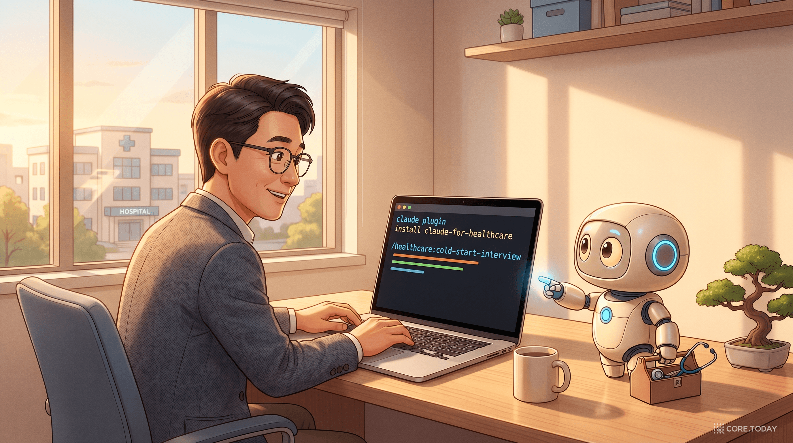 Hands-on Tutorial 메인 일러스트 — 한국 병원 IT 사무실에서 노트북에 Claude for Healthcare 설치 명령이 떠 있고 친근한 AI 로봇이 의료 도구함을 들고 도와주는 장면