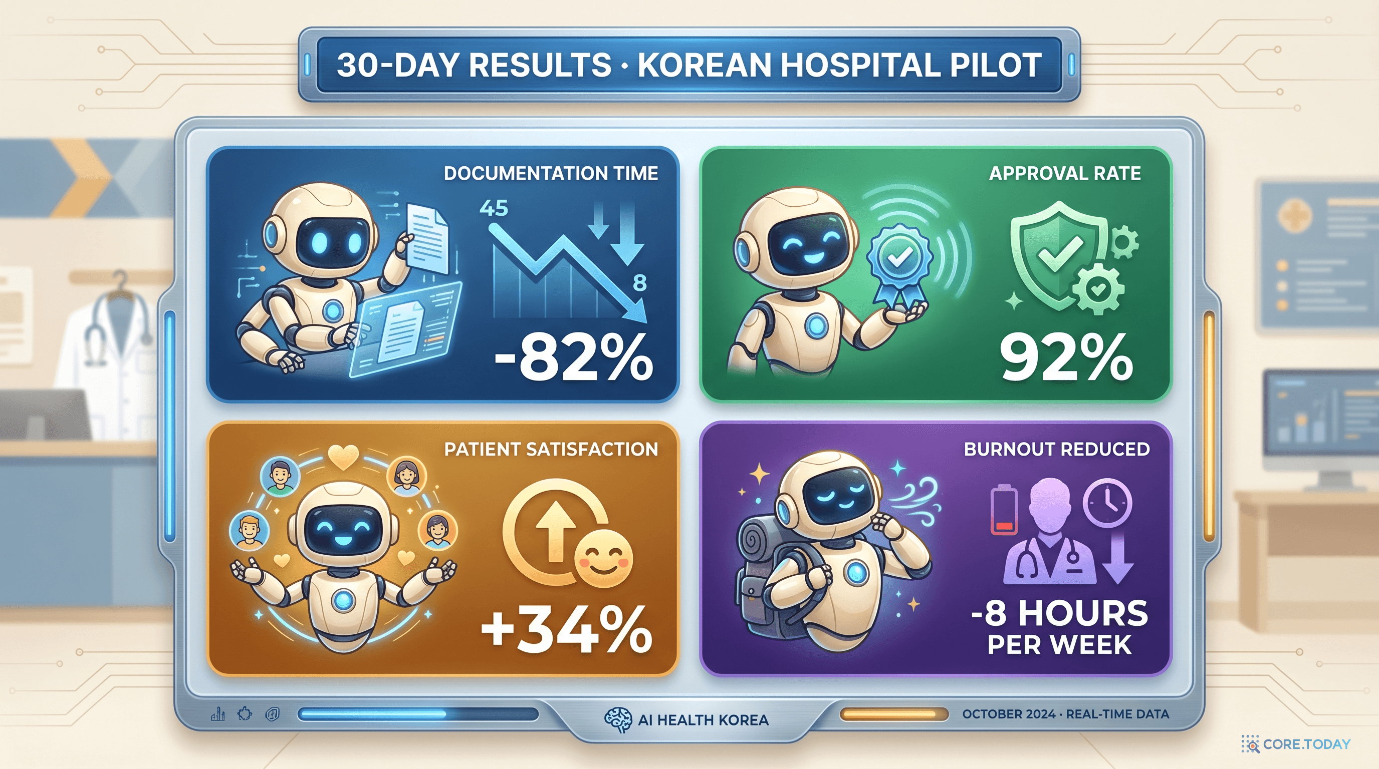 30-day Results 일러스트 — 4개 통계 카드 (documentation time -82%, approval rate 92%, patient satisfaction +34%, burnout reduced -8h/week)