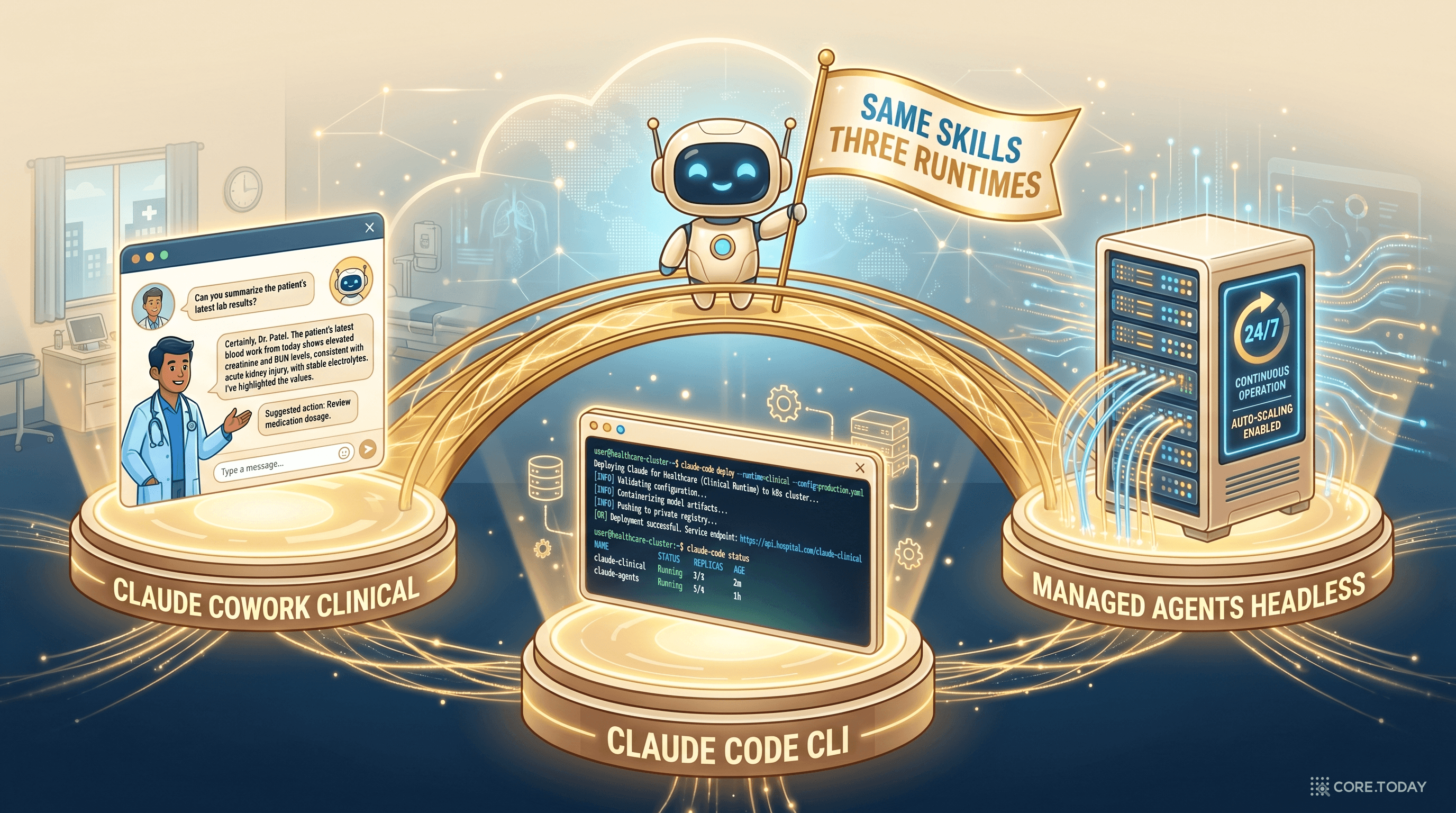 3 runtimes 일러스트 — Claude Cowork Clinical, Claude Code CLI, Managed Agents Headless 세 플랫폼이 하나의 금빛 다리로 연결되고 AI 로봇이 SAME SKILLS THREE RUNTIMES 깃발을 든 장면