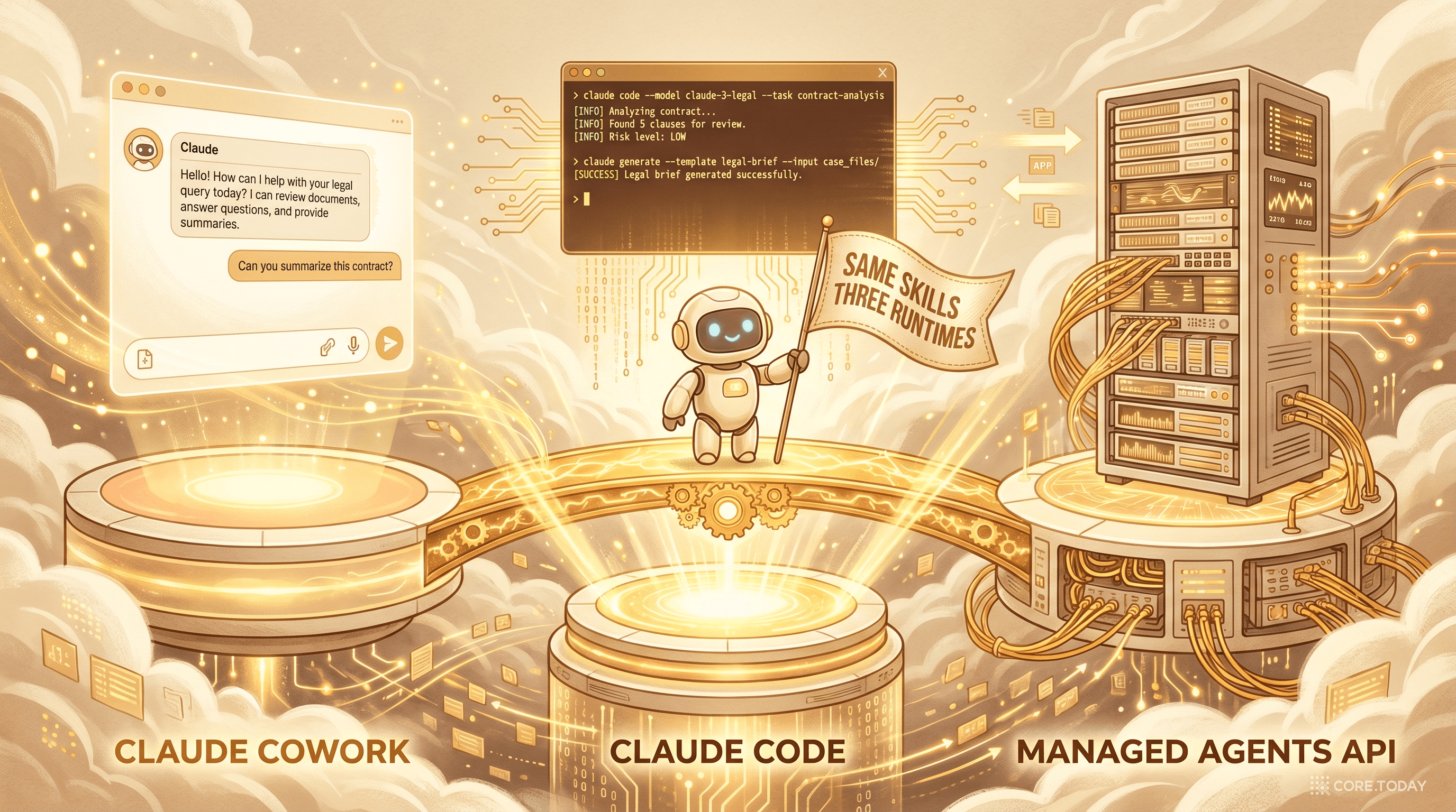 3 runtimes 일러스트 — Claude Cowork, Claude Code, Managed Agents API 세 플랫폼이 하나의 금빛 다리로 연결되고 중앙에 SAME SKILLS THREE RUNTIMES 깃발을 든 AI 로봇이 서 있는 장면