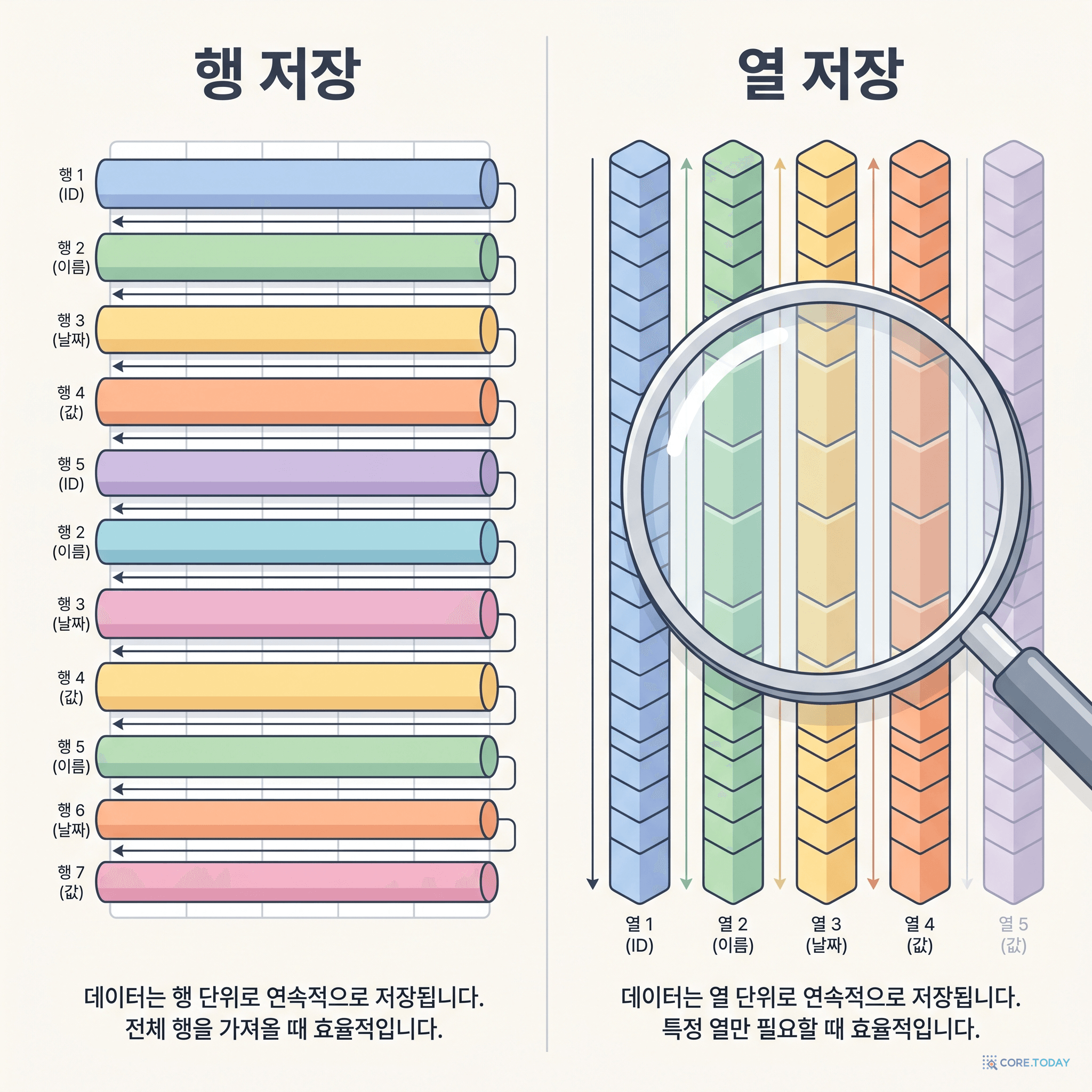 행 저장 vs 열 저장 — 필요한 열만 골라 읽는다
