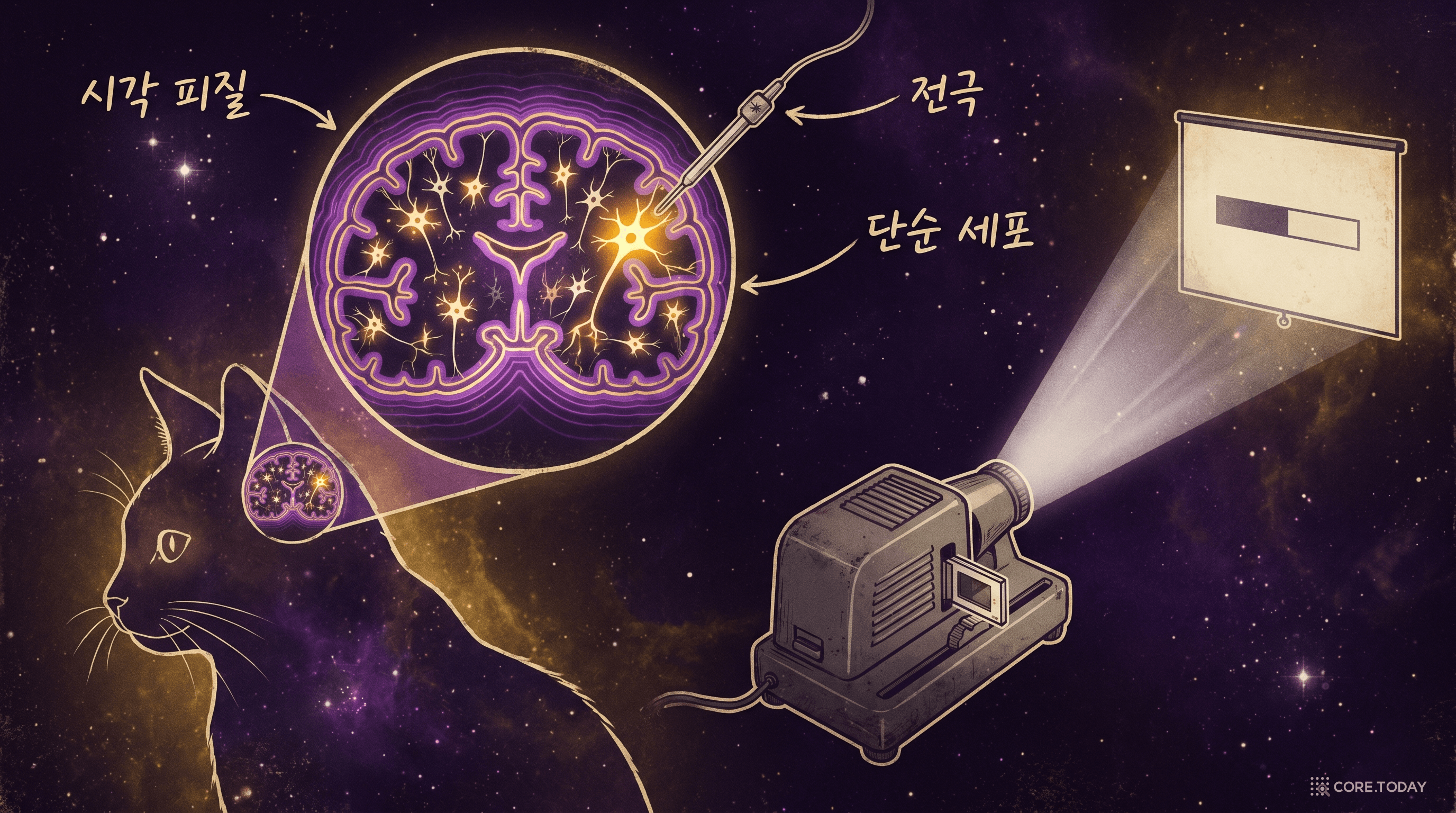 Hubel과 Wiesel의 1959년 고양이 실험 — 시각 피질의 뉴런이 특정 방향의 선분에 반응한다