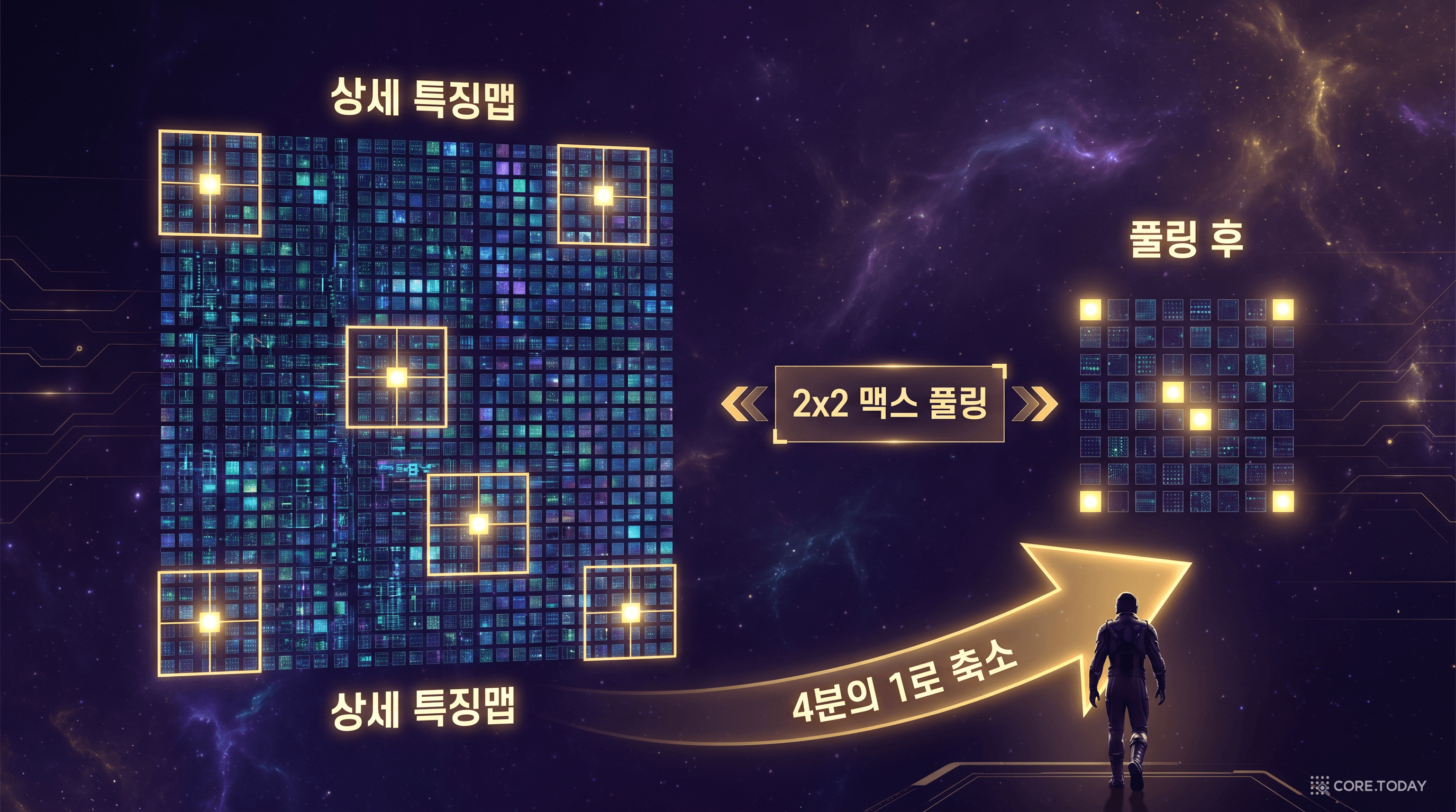 맥스 풀링 — 2×2 영역에서 가장 강한 신호만 남기고 크기를 4분의 1로 줄인다