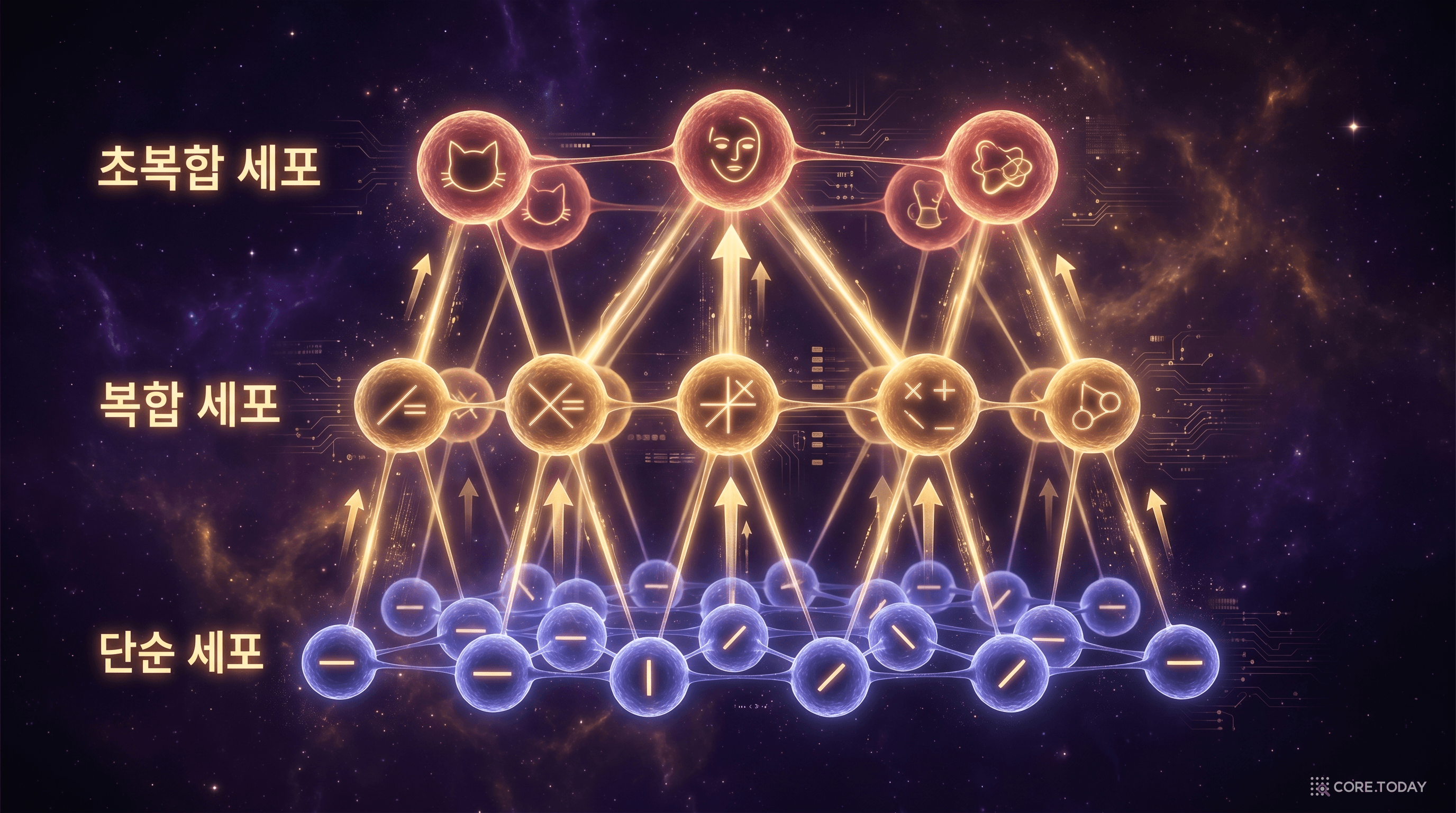 시각 피질의 3단계 계층 — 단순 세포 → 복합 세포 → 초복합 세포로 점점 복잡한 패턴을 인식한다