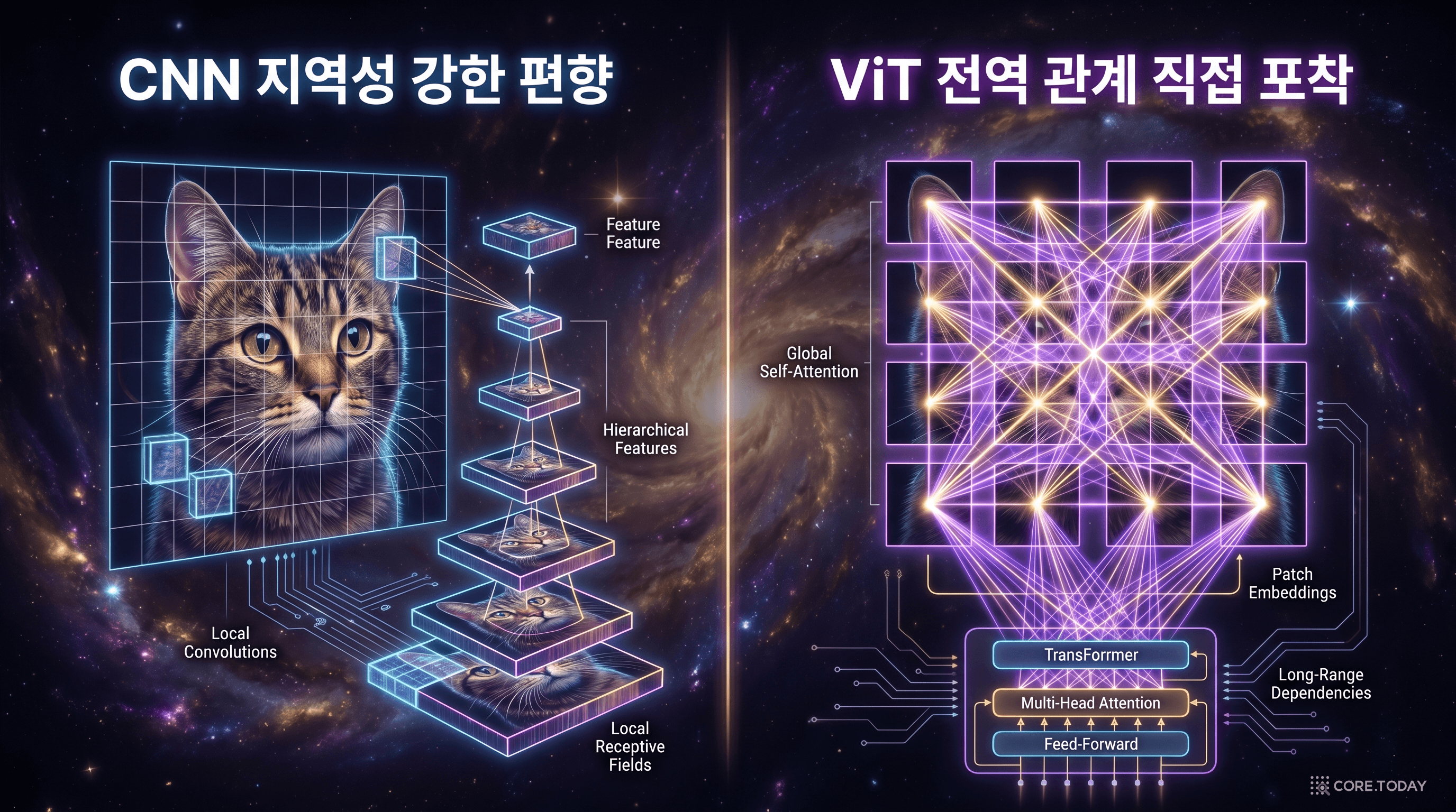 CNN vs ViT — 지역 필터의 강한 편향 vs 모든 패치 간 전역 주의 네트워크