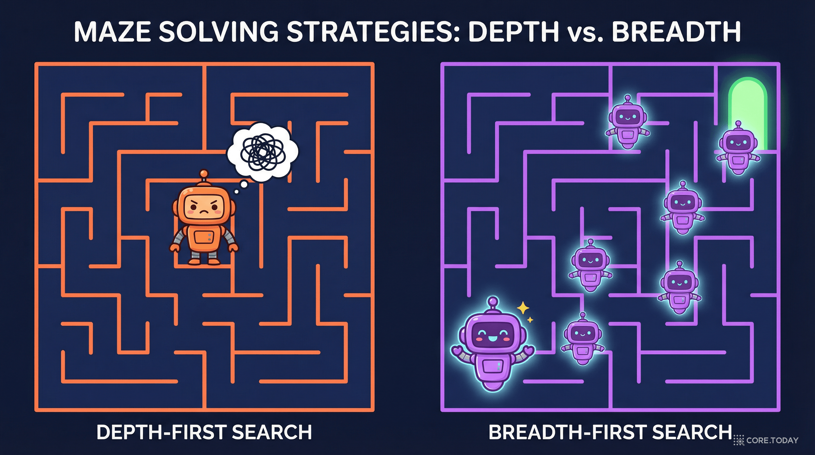 미로를 여러 경로로 동시 탐색하는 COCONUT vs 하나의 길만 파고드는 CoT