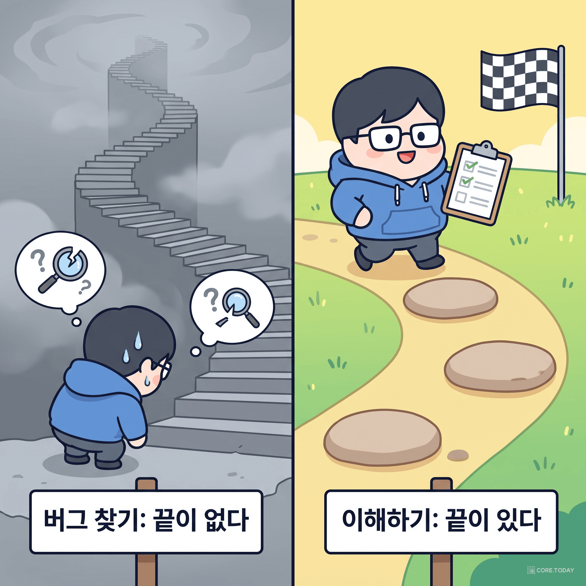 끝이 없는 계단(버그 찾기) vs 끝이 보이는 짧은 길(이해하기)
