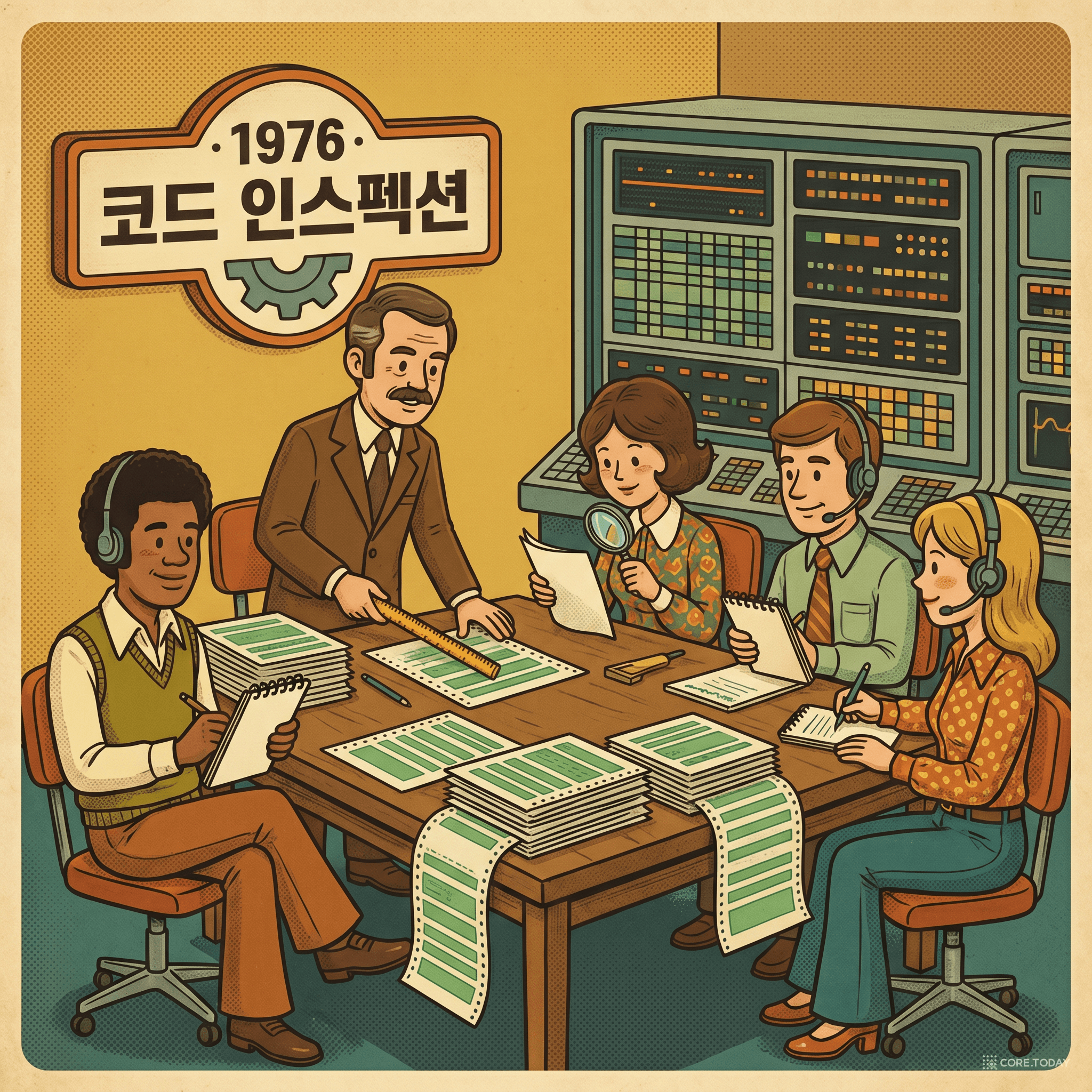1976년, 초록색 줄무늬 출력물을 앞에 놓고 코드를 검사하는 IBM 시대의 회의실