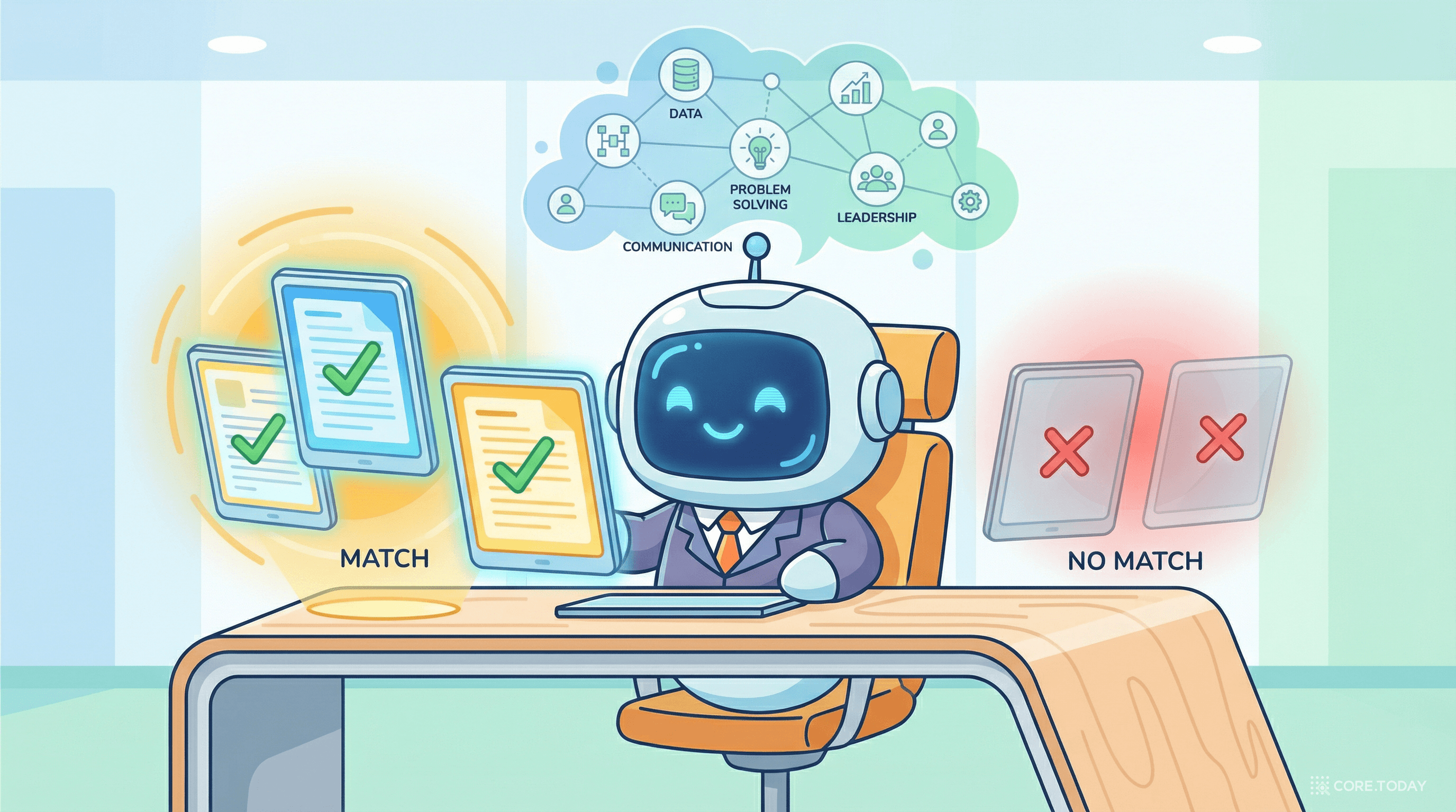 AI 로봇이 이력서를 분석하여 적합/부적합 후보를 구분하는 모습