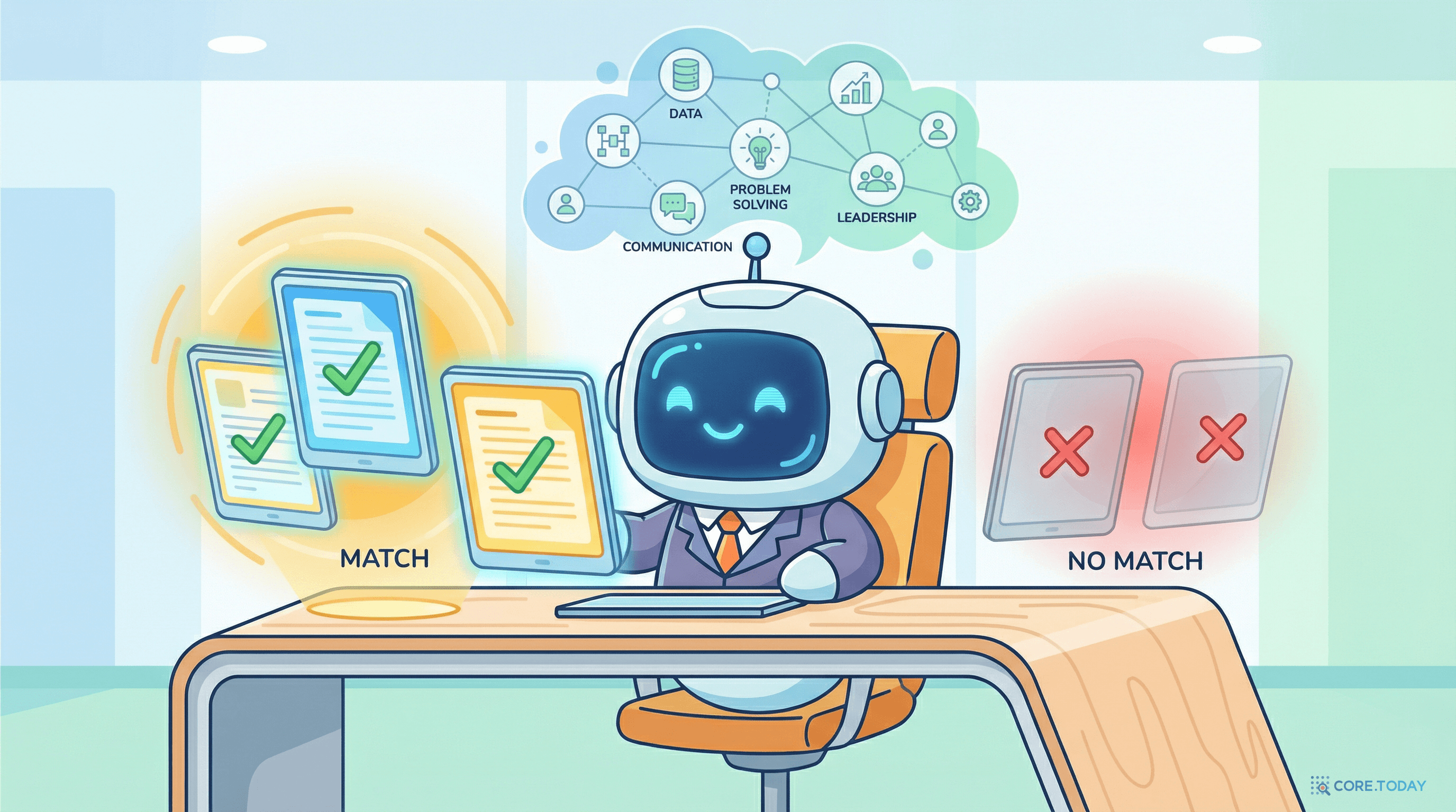 AI 로봇이 이력서를 분석하여 적합/부적합 후보를 구분하는 모습