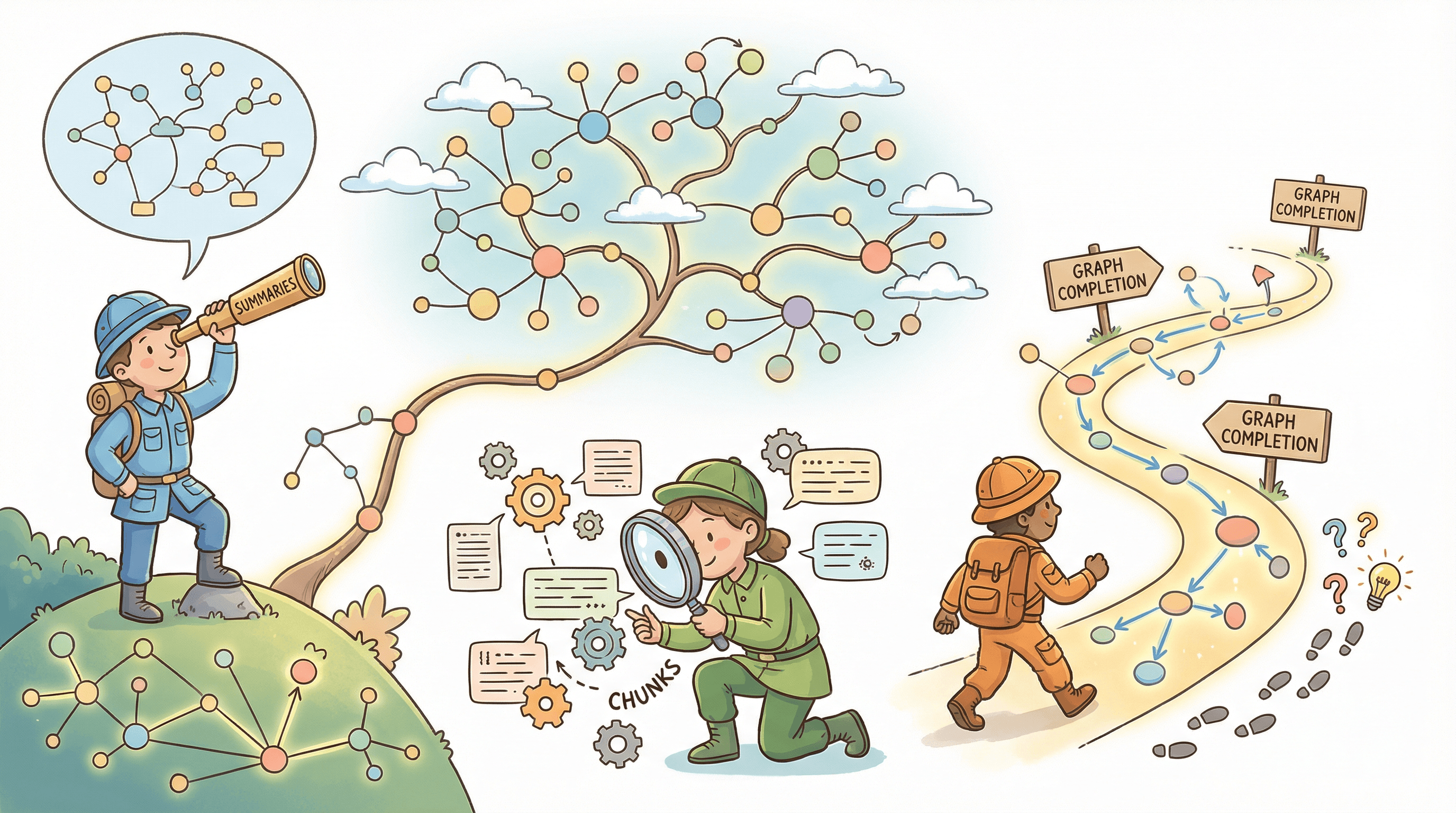 세 가지 검색 모드 — 요약, 청크, 그래프 완성 각각의 특성을 보여주는 탐험가들