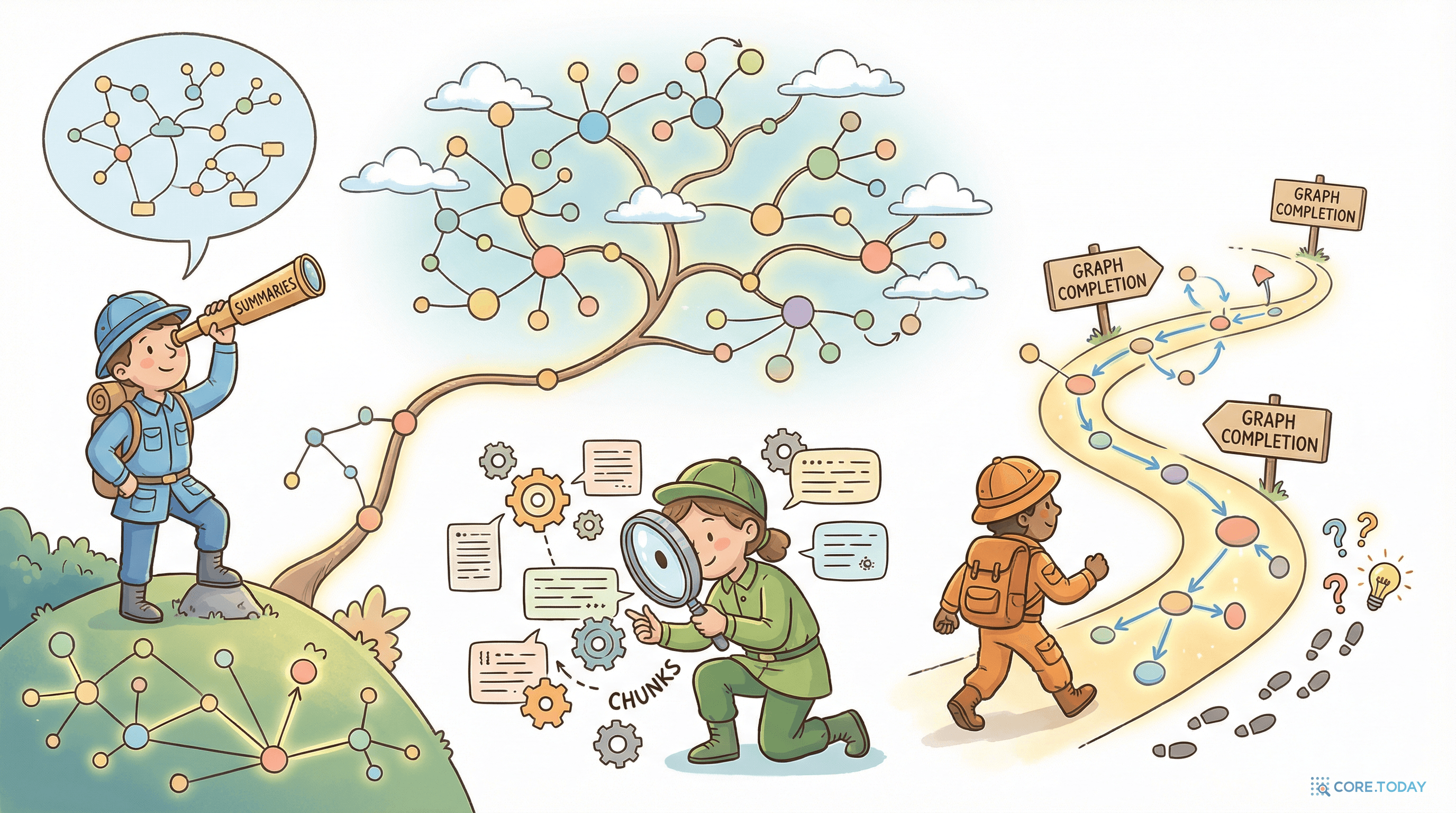 세 가지 검색 모드 — 요약, 청크, 그래프 완성 각각의 특성을 보여주는 탐험가들