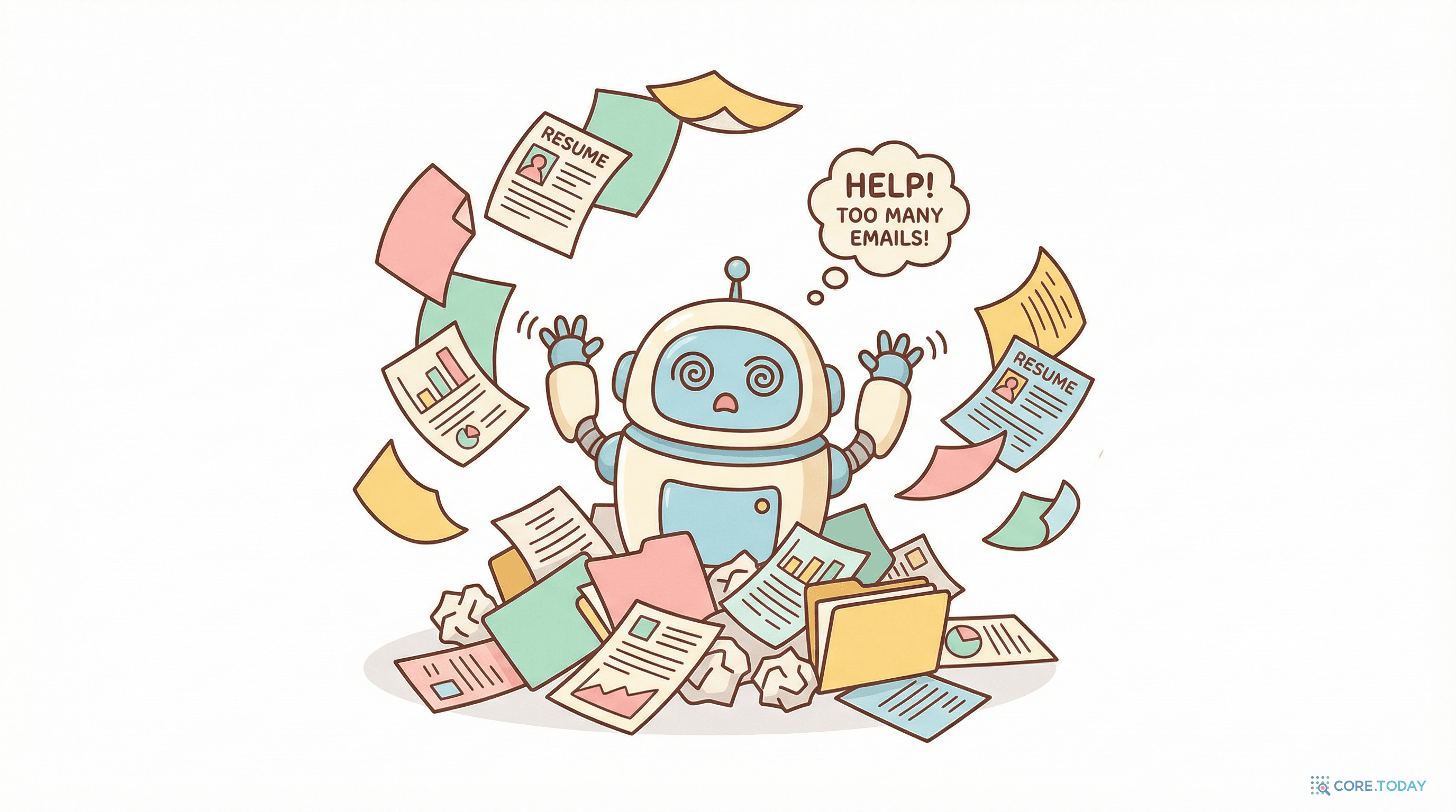 비정형 데이터에 파묻힌 AI 로봇 — 쏟아지는 문서와 이력서 속에서 혼란에 빠진 모습