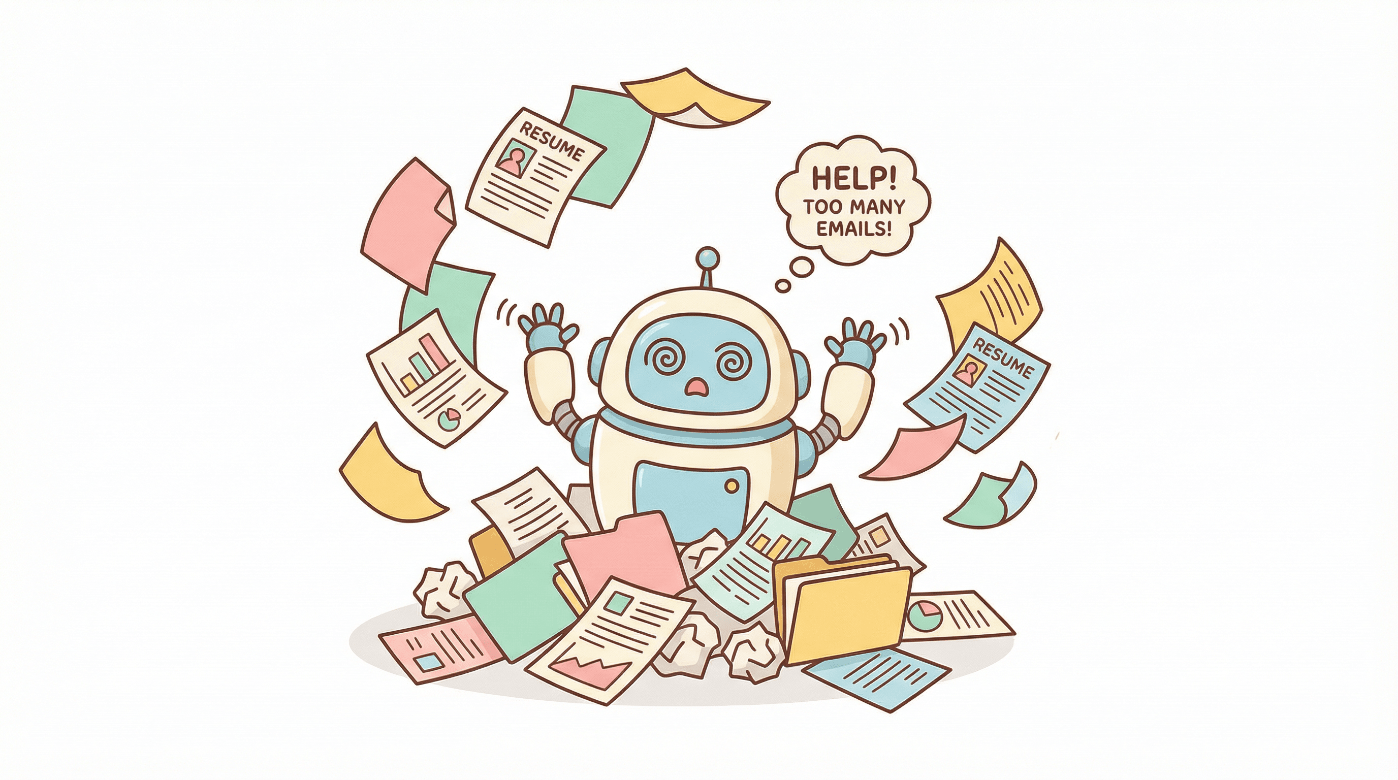 비정형 데이터에 파묻힌 AI 로봇 — 쏟아지는 문서와 이력서 속에서 혼란에 빠진 모습