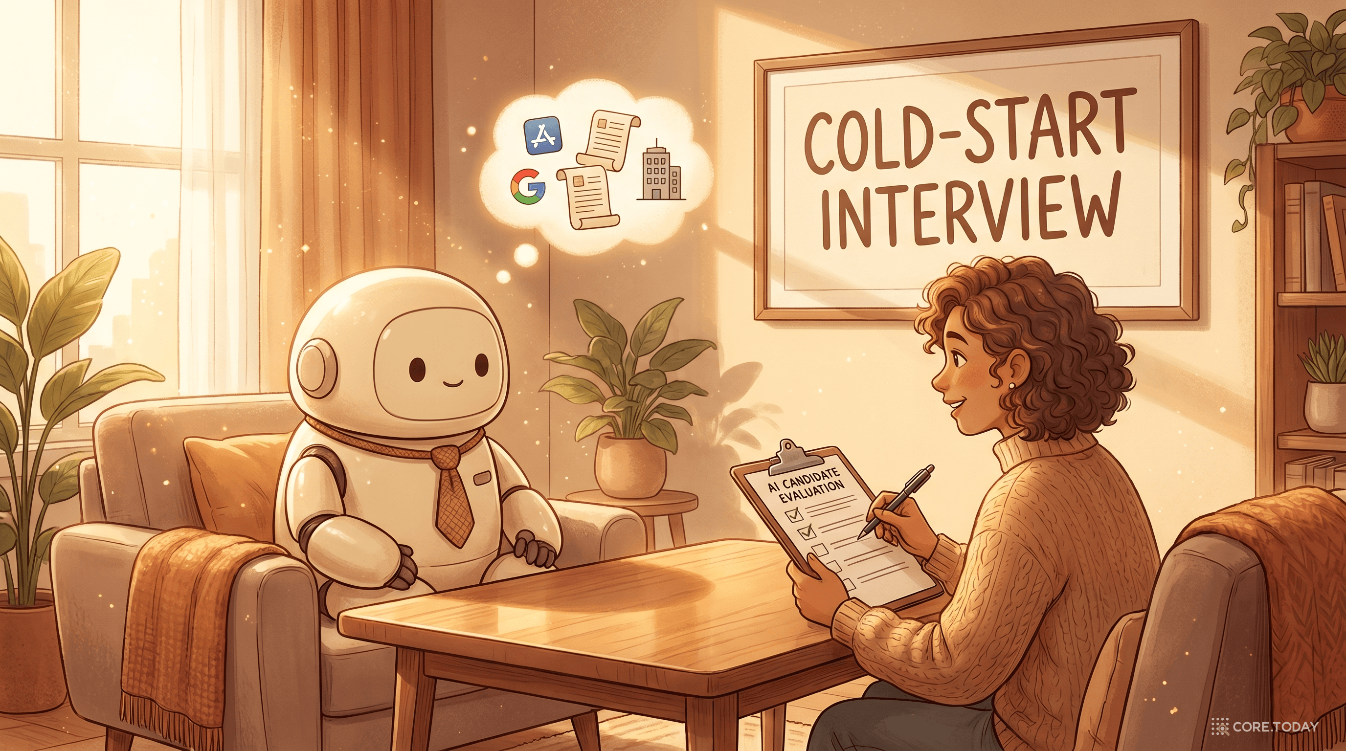Cold-Start Interview 메인 일러스트 — 따뜻한 인터뷰 룸에서 친근한 AI 로봇이 인터뷰어와 마주 앉아 회사 정보를 흡수하는 장면