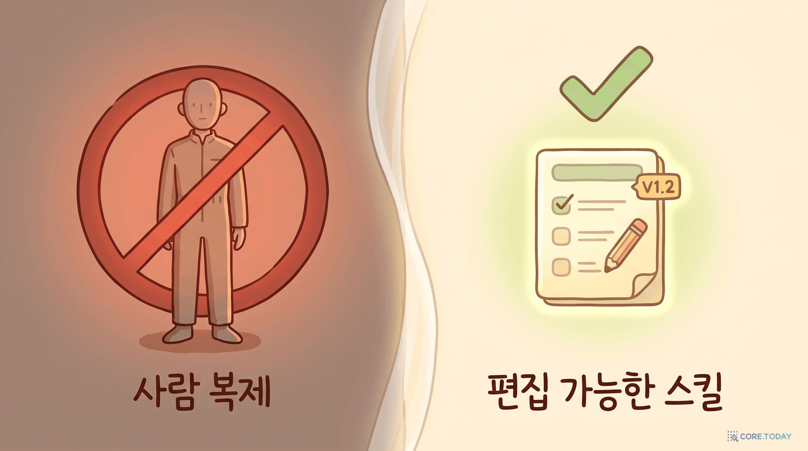 왼쪽 '사람 복제'는 금지, 오른쪽 '편집 가능한 스킬'은 승인되는 개념 대비도