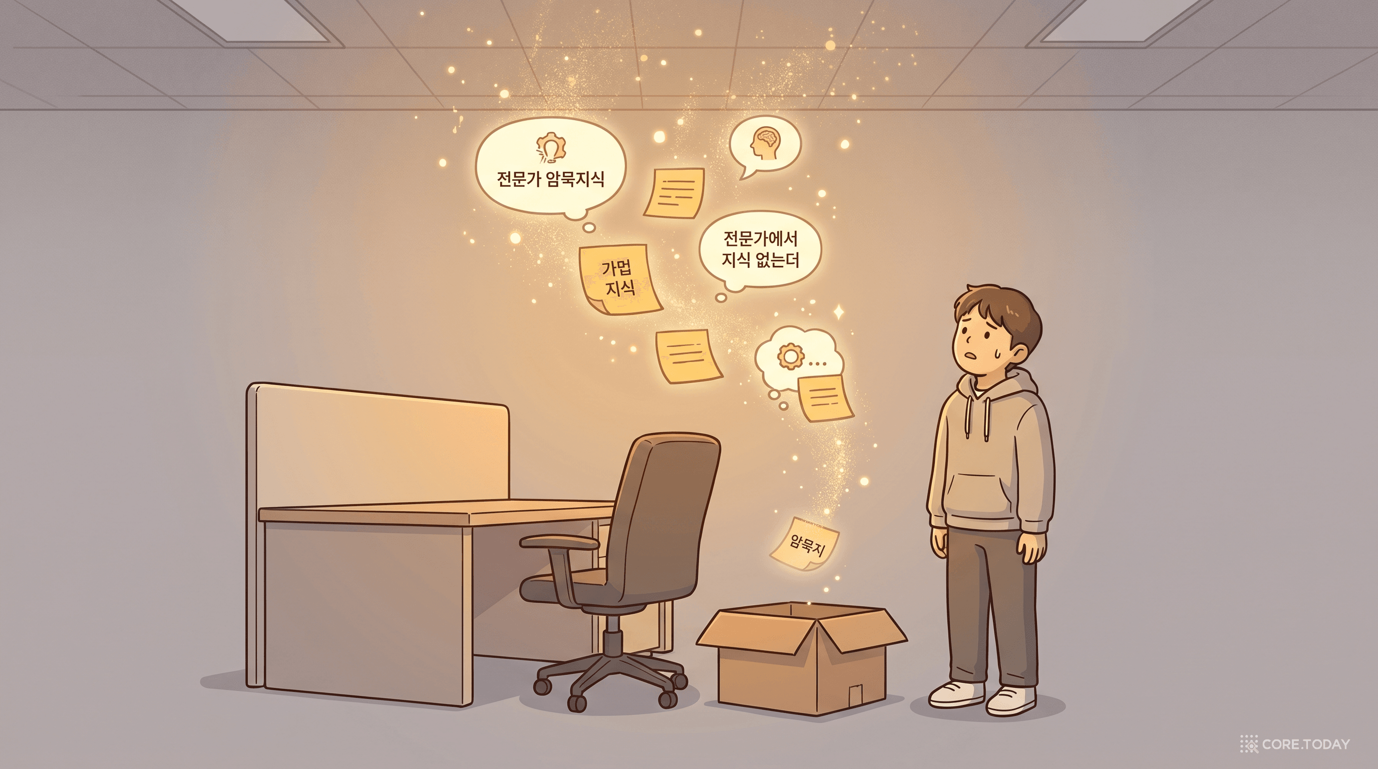 떠난 동료의 빈 책상 위로 암묵지가 담긴 메모들이 흩어져 사라지는 모습