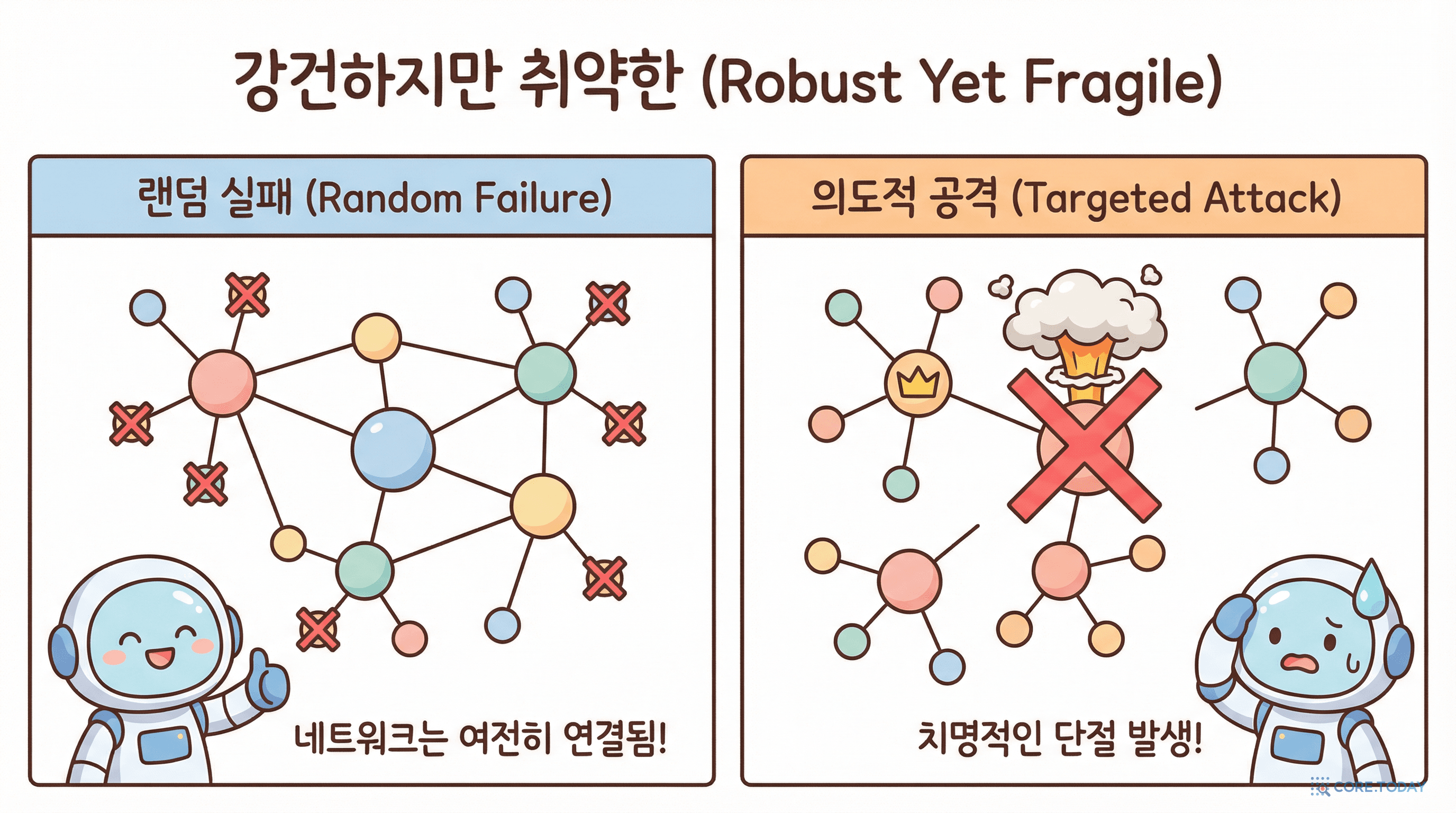강건하지만 취약한: 랜덤 실패에는 버티지만 허브 공격에는 무너진다