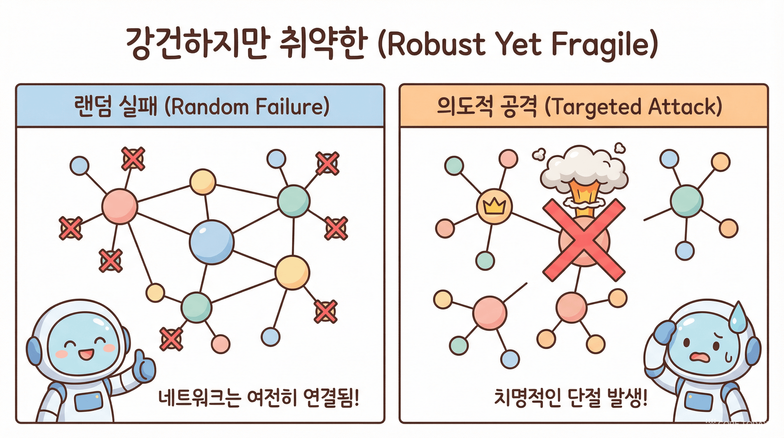 강건하지만 취약한: 랜덤 실패에는 버티지만 허브 공격에는 무너진다