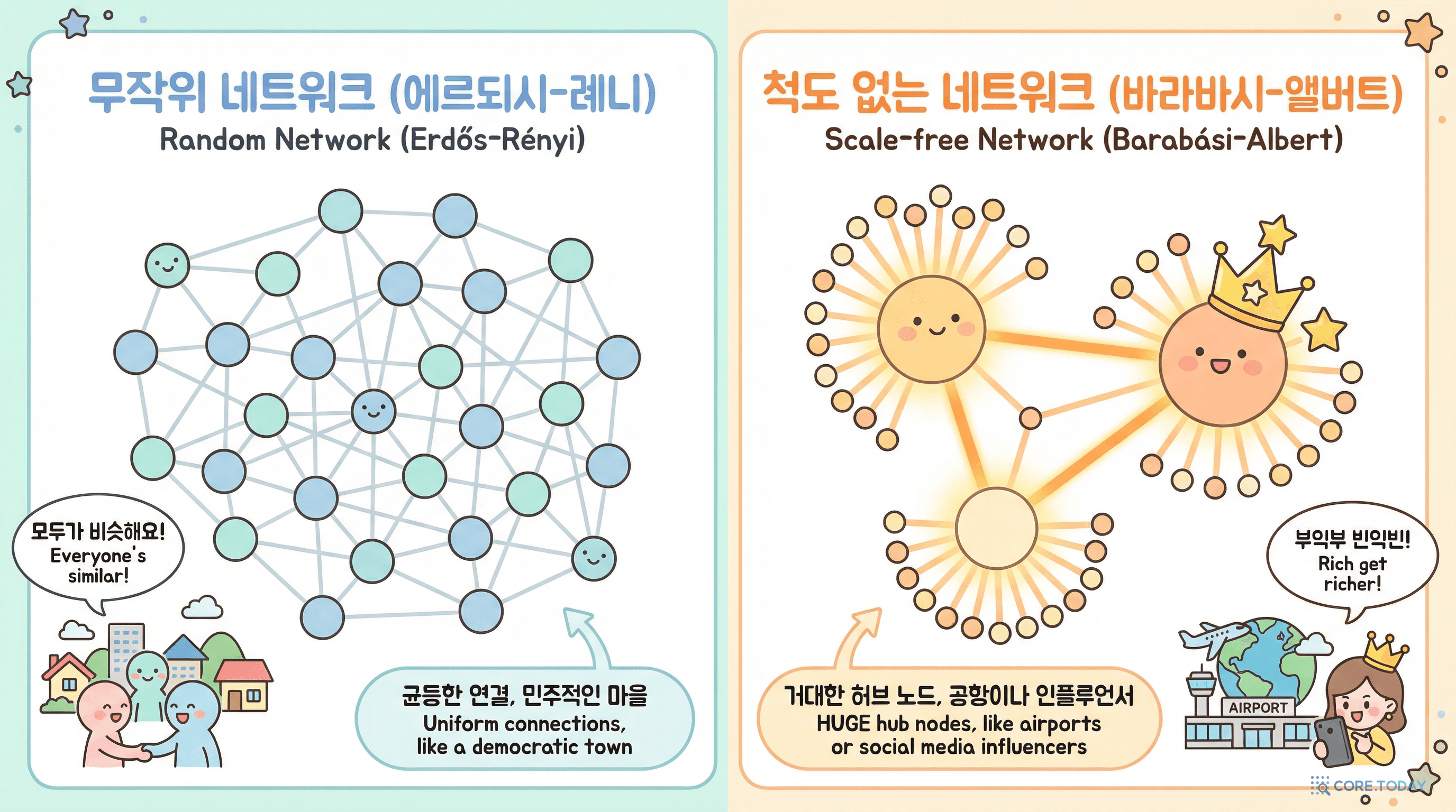랜덤 네트워크 vs 척도 없는 네트워크: 허브가 만드는 구조적 차이