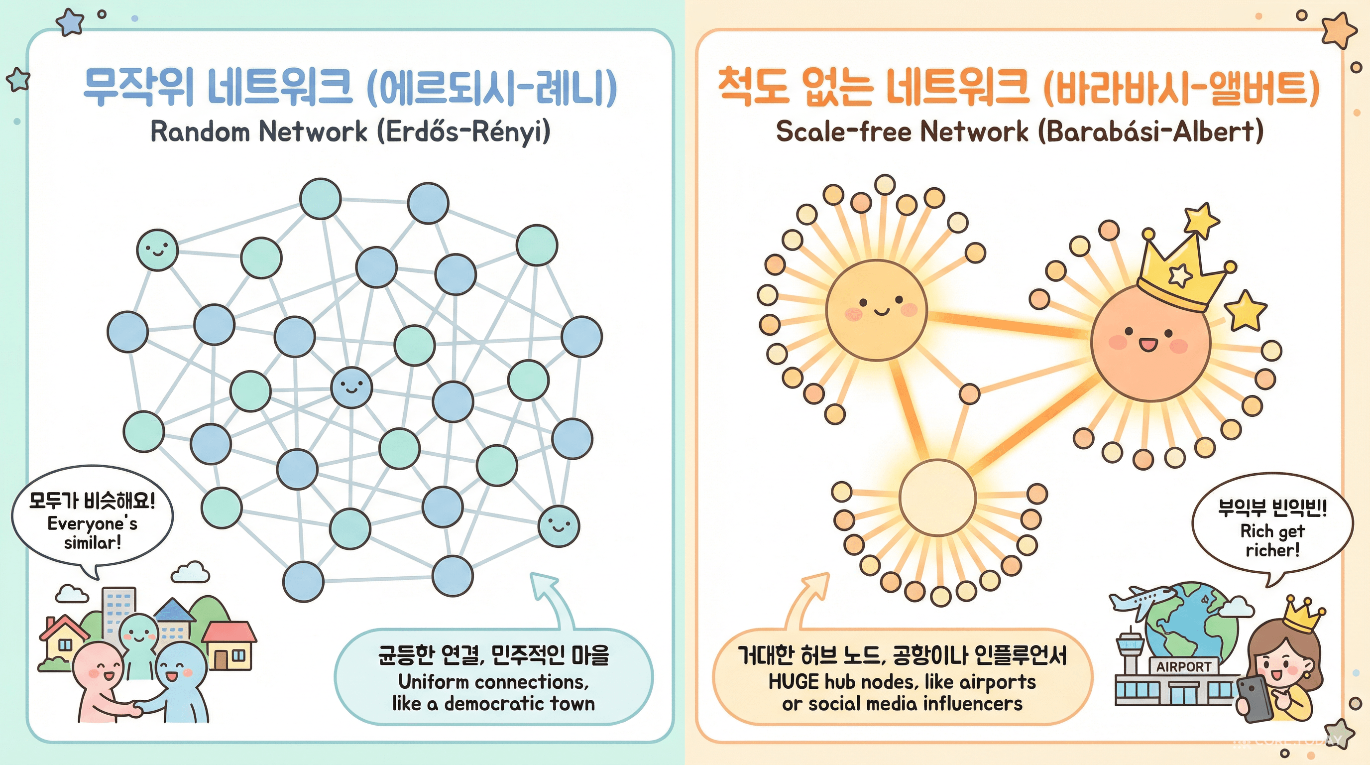 랜덤 네트워크 vs 척도 없는 네트워크: 허브가 만드는 구조적 차이