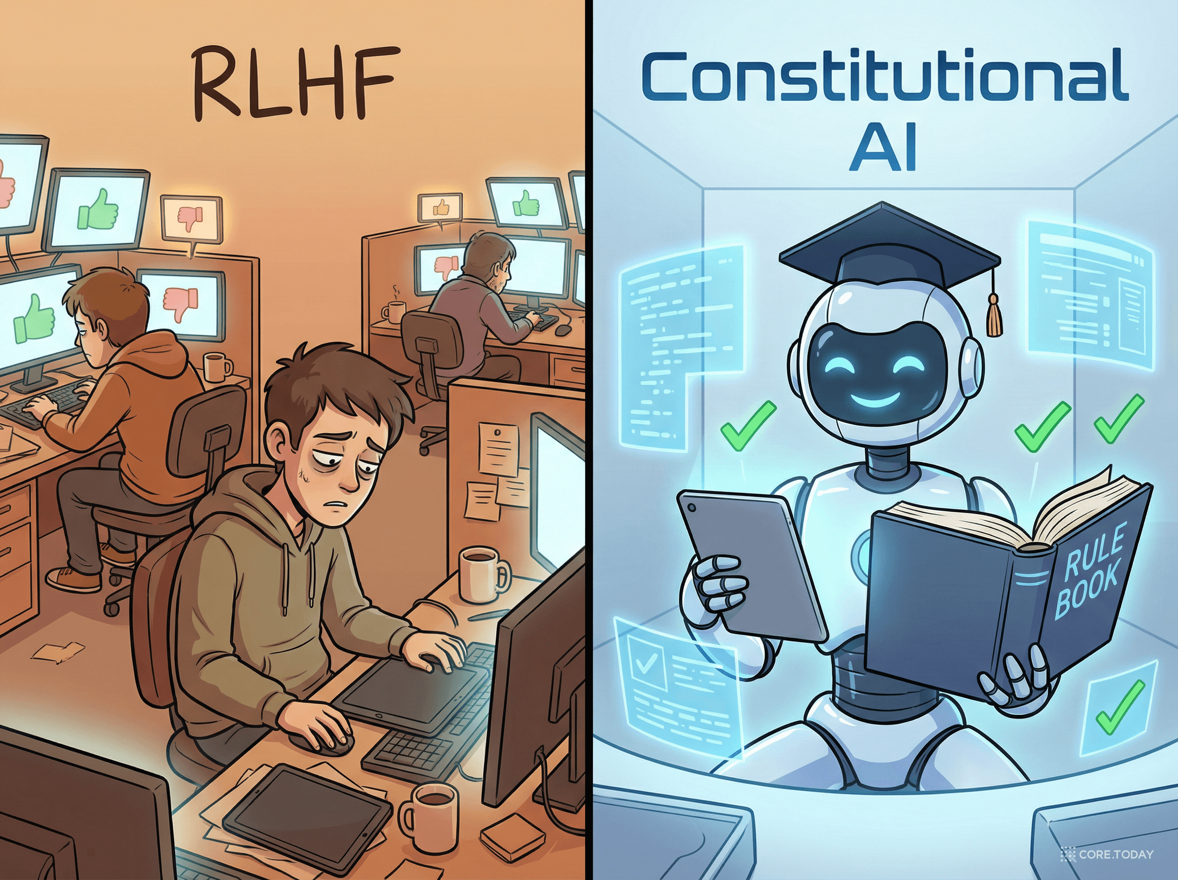 RLHF는 지친 인간이 채점, CAI는 규칙서를 읽는 AI가 스스로 개선