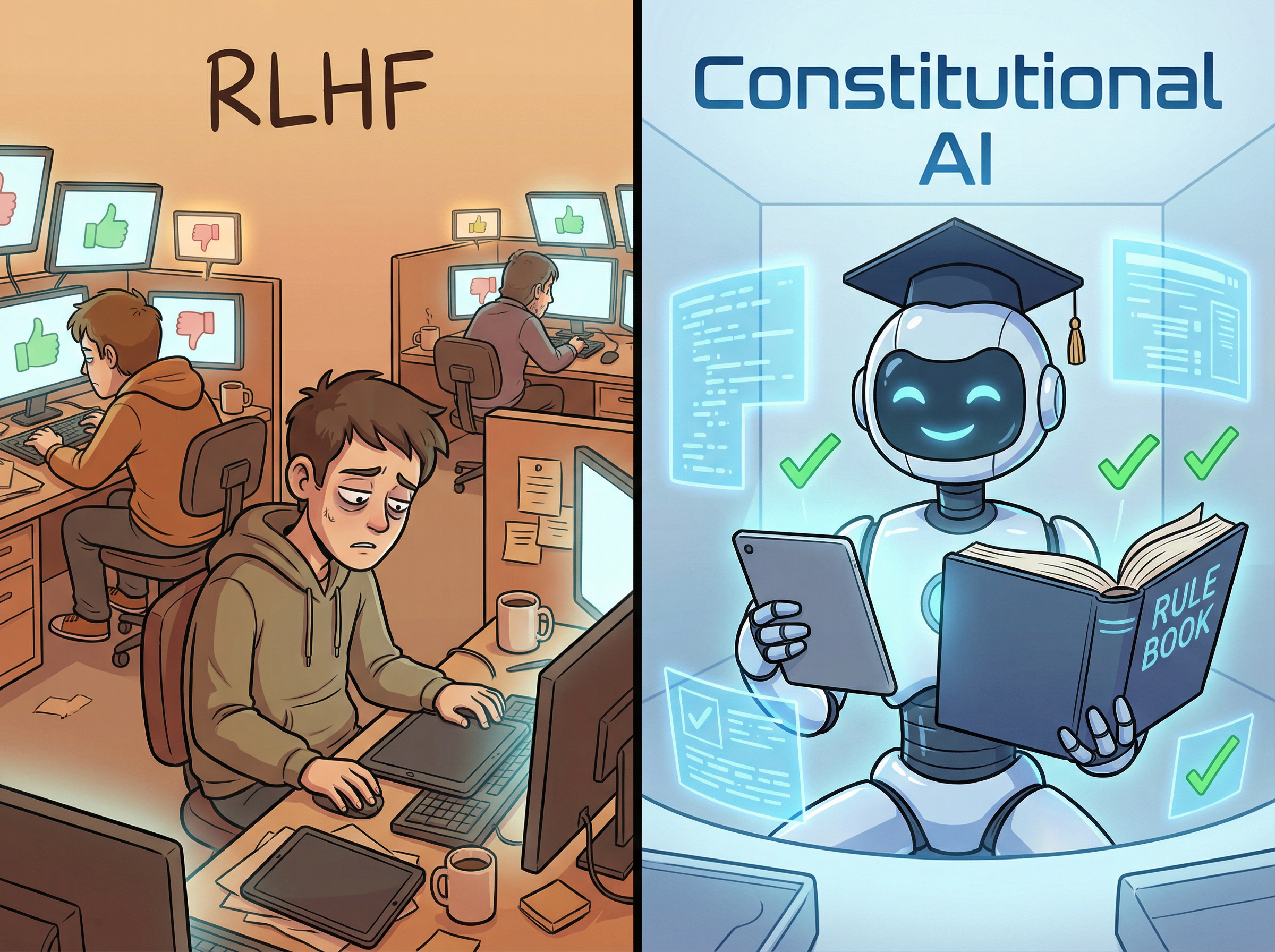 RLHF는 지친 인간이 채점, CAI는 규칙서를 읽는 AI가 스스로 개선